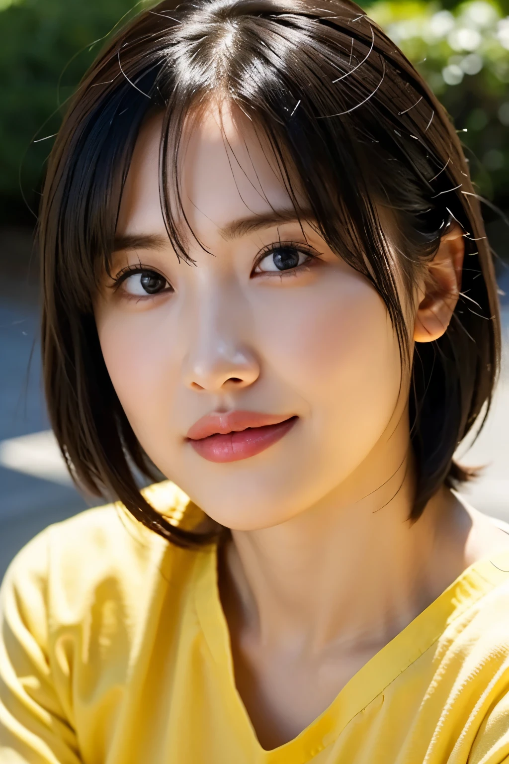 (In 8K, top quality, masterpiece:1.2), (realistic, Photorealistic:1.37), very well detailed, natural light, medium breasts, How to hide your nose and mouth with both hands, 1 person , black hair, short hair, ( looking up from below), on the other hand, light yellow light knitted v-neck shirt , Cowgirl who , very well detailedな顔と肌, detailed eyes, very well detailedな顔と肌