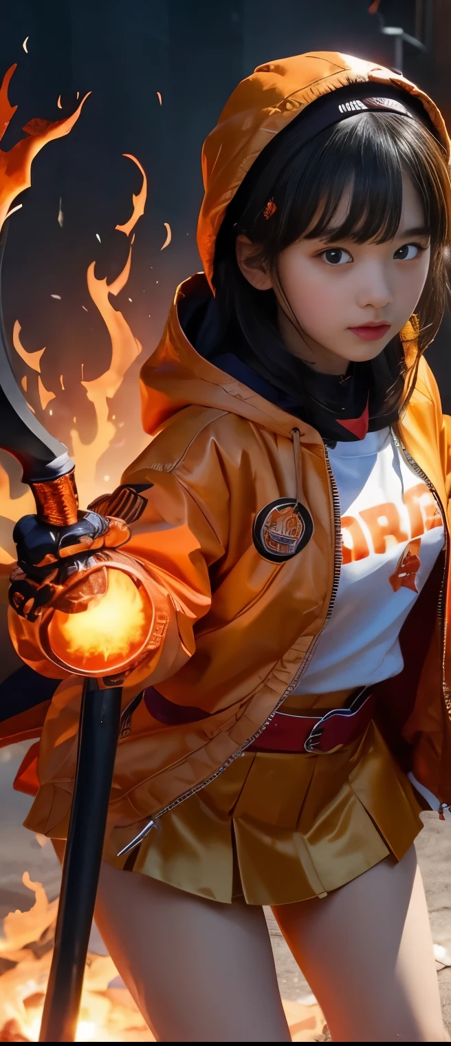 pure idol girl、A pure girl's face、 hypo、、Shiny Orange Magmatite Mini Skirt、Hooded Red Jacket、Glowing Scythe of Fire、Fire Skeleton Belt