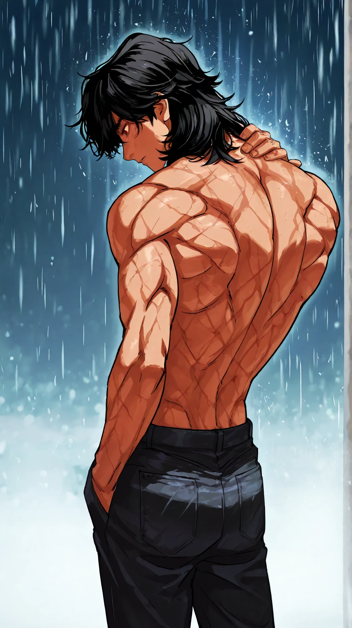 1 boy, fit, handsome, wavy black hair, middle part hair, long wolfcut, medium length hair, red eyes, cold eyes, tan, sexy body, muscular body, big arms, topless, black jeans pants standing, one hand in pocket, rubbing the back of the neck
