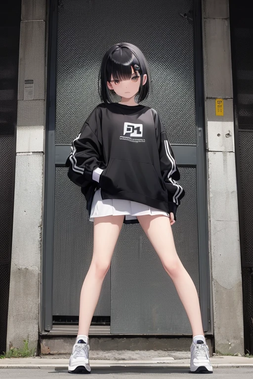  high resolution,   boyish ,    1 girl,  black hair, Sporty shortcuts,   asymmetrical hairstyle  ,  Asymmetrical bangs,   yellow eyes,  There are three circles in the middle of the eye,  Skater Style Street Fashion, slightly oversized bottoms, is standing,  futanari, 薄 dark一人部屋,  The viewpoint is slightly oblique from below,   dark,  dark,  top quality, solo, 4K, HD,