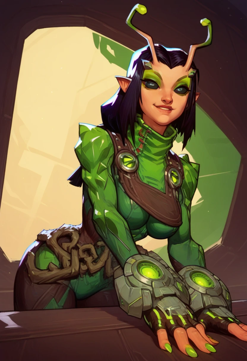 Orc, ((long hair, red eyes, bangs, glowing blue eyes, wide eyes, lipstick, makeup, narrow waist, skinny, medium breasts, earrings, alone, GREEN skin, Her skin radiates an otherworldly green, vibrant like the emeralds, teethmolars out)), pelvic curtain, ((black bikini, armor)), full body, perfect body, (insanely detailed, beautiful detailed face, masterpiece, best quality) , (((solo))), (((1girl))), (((mature))), (extremely detailed 8k paper CG wall unit: 1.1), (desert, dusk), (smile face for the viewer), cameltoe view, cameltoe, View from above, Diagonal view