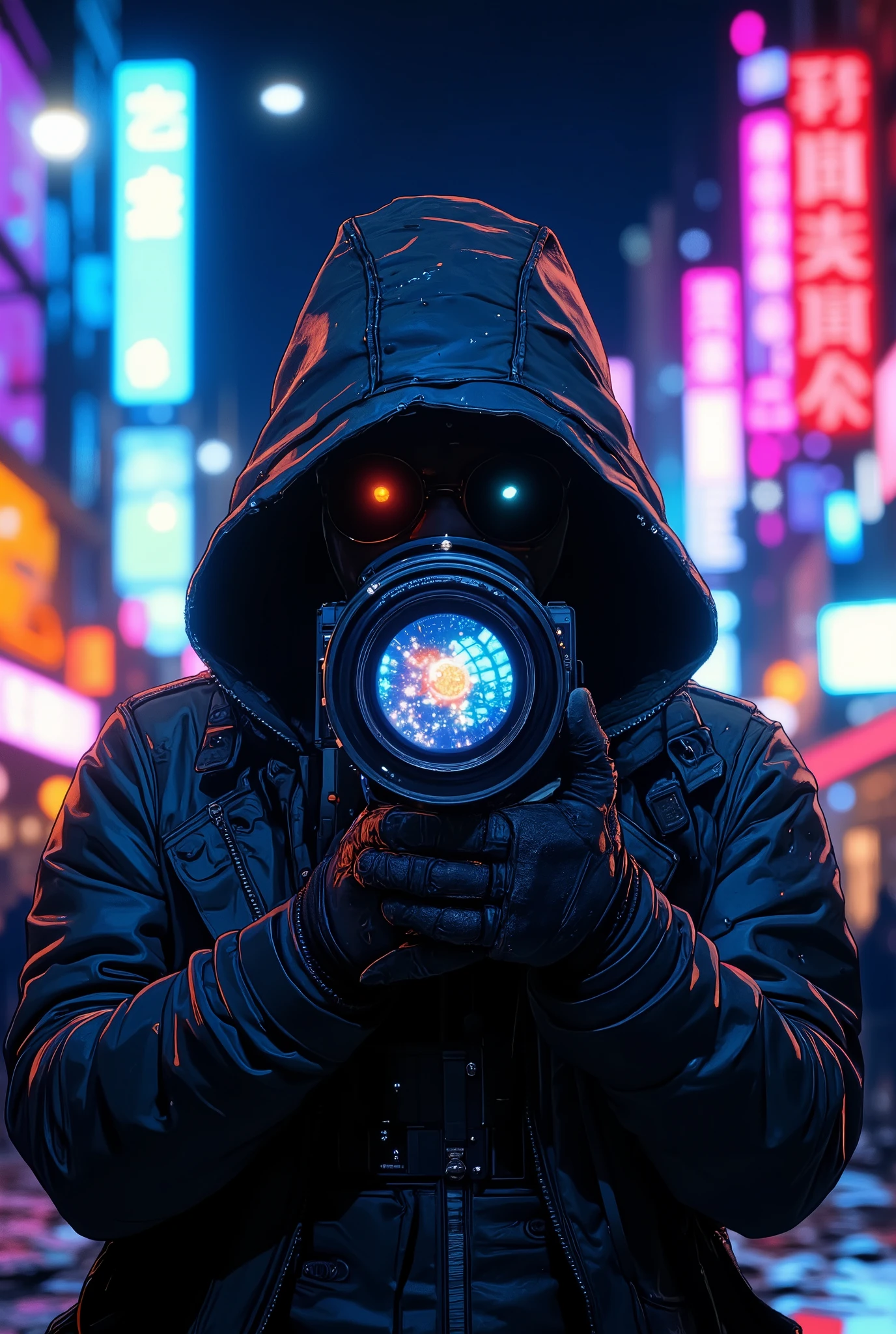 A mysterious hooded photographer stands in the heart of a neon-lit city at night, his face completely obscured by the large camera lens aimed directly at the viewer. The hood casts deep shadows over his face, making the glowing reflections in the lens the only visible âeyes.â The background is an explosion of vibrant bokeh lightsâsoft, blurred circles of electric blues, neon pinks, fiery oranges, and deep purples from the bustling urban streets. Raindrops glisten on his jacket, catching the city lights. His gloved hands grip the camera firmly, the lens reflecting distorted images of the chaotic metropolis behind him. The scene is cinematic, evoking mystery, intrigue, and the feeling of being watched yet unseen.