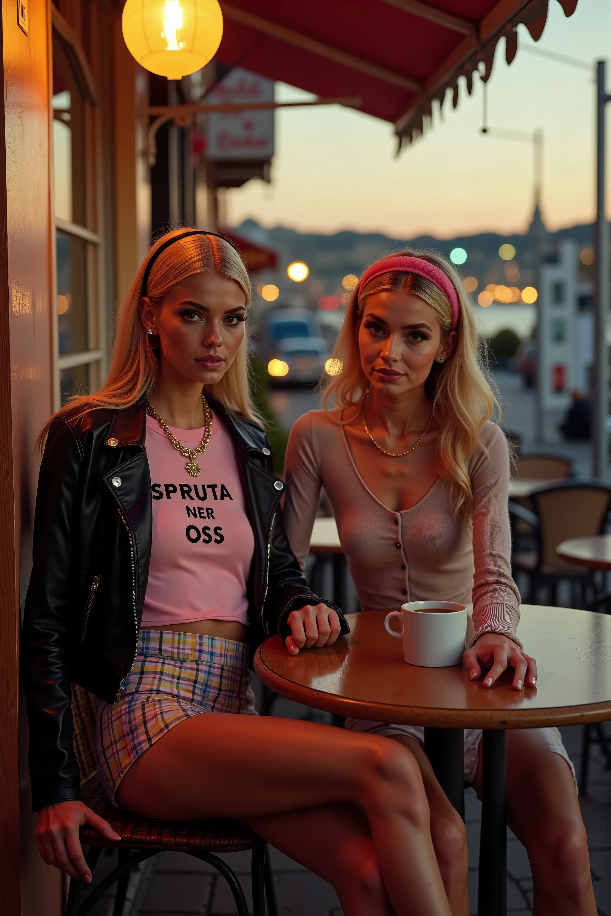 Ultra-detailed cinematographic Panavision photo in the 60s style of 2 beautiful girls, Swedish supermodels are sitting in an outdoor café In Stockholm Sweden, they both wear ultra-tight micro checkered skirts in light blue and yellow, (ultra revealing, tight microskirts with slit), skin-tight baby pink Latex long sleeve crop top with the text "SPRUTA NER OSS", (over the crop top they both wear Girl a black leather jacket in the style of the 60s), both girls wear a pink necklace with a gold ring, ((black long nylon stockings)), (( extremely thin , anorexic supermodel Body:2,2)), (extremely super long thin legs:1,9) , ((the girls are extremely tall 185 cm)), extremely large and thin, (The girls are sitting in the café with long black nylon stockings), (the girls wear 25 inches pink platform high heels ), 60s makeup with long eyelashes, dark eyeshadow , blush and pink lips smile, white skin, with long, upwardly sprayed platinum blonde 60s hair, with pink headbands, (baby pink headbands), coffee on the coffee table and a large sign with the text "KNULLA Oss 250kr", the Stockholm coastline in the background with some traditional Swedish archipelago boats, some 60s Volvos on the street behind, a Swedish flag, beautiful golden sunset over the city of Stockholm, the street lamps are on and the light from the café provides a nice light, very detailed, attention to detail , octane render, award-winning look , depth of field, intricate details , extremely detailed. full body image