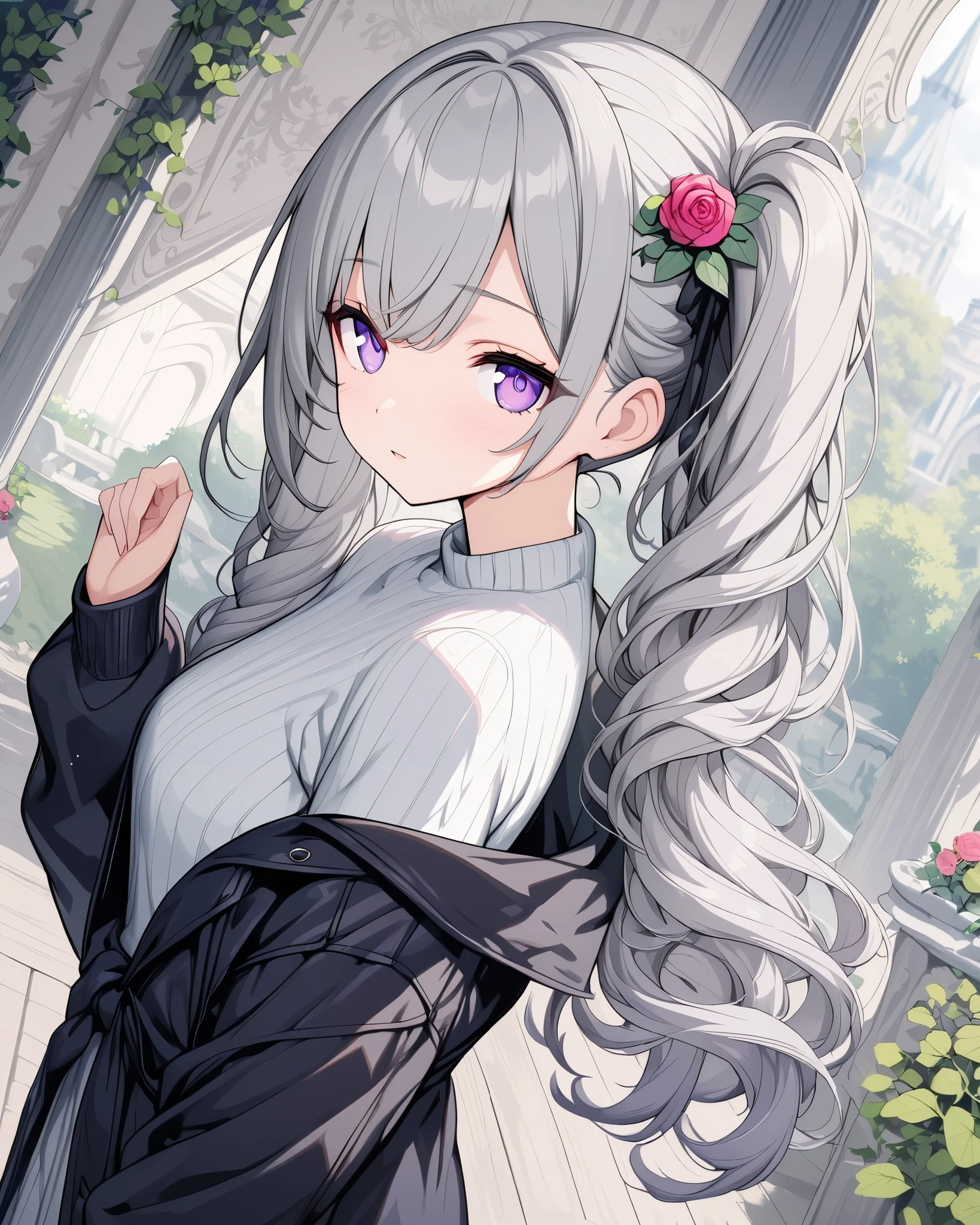 girl,( Long, flowing hair ), Detailed skin ,(( masterpiece, best quality ))++, Detailed Lighting +, Fine Hair+, Detail Hand+ , miss, Light purple eyes, pretty eyes , Young white hair,(Beautiful grey hair :1.5),( Beautiful and Delicate Eyes ), {{angle}} , Very fine wallpaper , Very nice game CG,sweater,Black gel coat,rose hair ornament , Her hair was tied to the right and tied in a side ponytail,Secret Garden,Violet