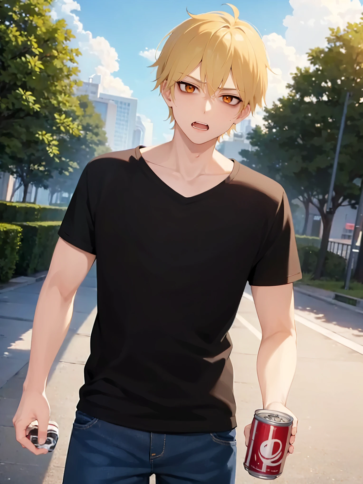 masterpiece, best quality, Japanese manga style, upper body, standing, (holding a canned beer:1.3), (25 year old male: 1.5) and (short blonde hair) and (orange eyes), BREAK (black) and (plain T-shirt) and (jeans) BREAK angry, open mouth, in the park, alone,