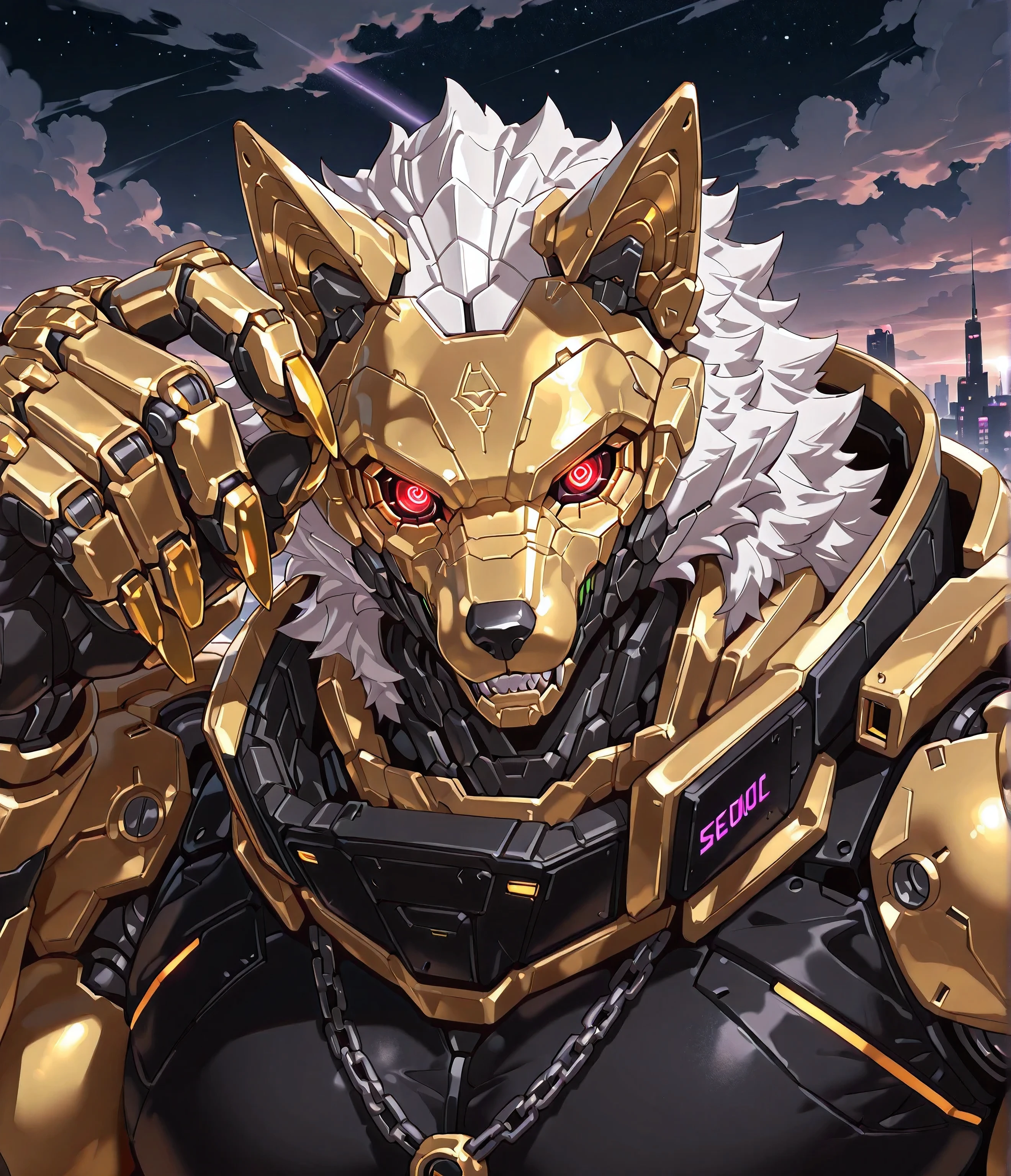 masterpiece,best quality,high quality, Ultra High Resolution ,year 2025,cyberpunk style,semi-realistic style,Mechanical style,(Muscular,Big muscles, attractive male :1.1),alone,alone, bust portrait :1.5,1male,furry,wolf,gold body,Sharp wolf ears, delicate eyes,detail eyes,Dark red eyes, white pupil ,wolf claws holding a starry sky projector , Gold-shaped mecha印记 ,5 fingers:1.5,5 toes,paw, Gold Nail ,White hair,Gold-shaped mecha ,fine mechanical :1.4, Obvious scars on the face , black mecha mark ,5 fingers,5 toes,paw,golden nails , white hair ,(Gold Claw:1.2), exquisite mechanized broken :1.5,wearing a black necklace around his neck:1.2,狼爪拿着星空Projector :1.5,Screen, standing on a mechanized street ,光彩绚丽的Screen, mechanized city ,Projector , dark expression ,Clouds, mechanized style , bust portrait , black mecha body mark ,insane fine details, crisp focus,hyper realistic, hyper detailed, close viewer,looking at viewer,front viewer,by IStanI:0.3,by raccoon21:0.8,by zoroj:0.6,by null-ghost:0.4,
