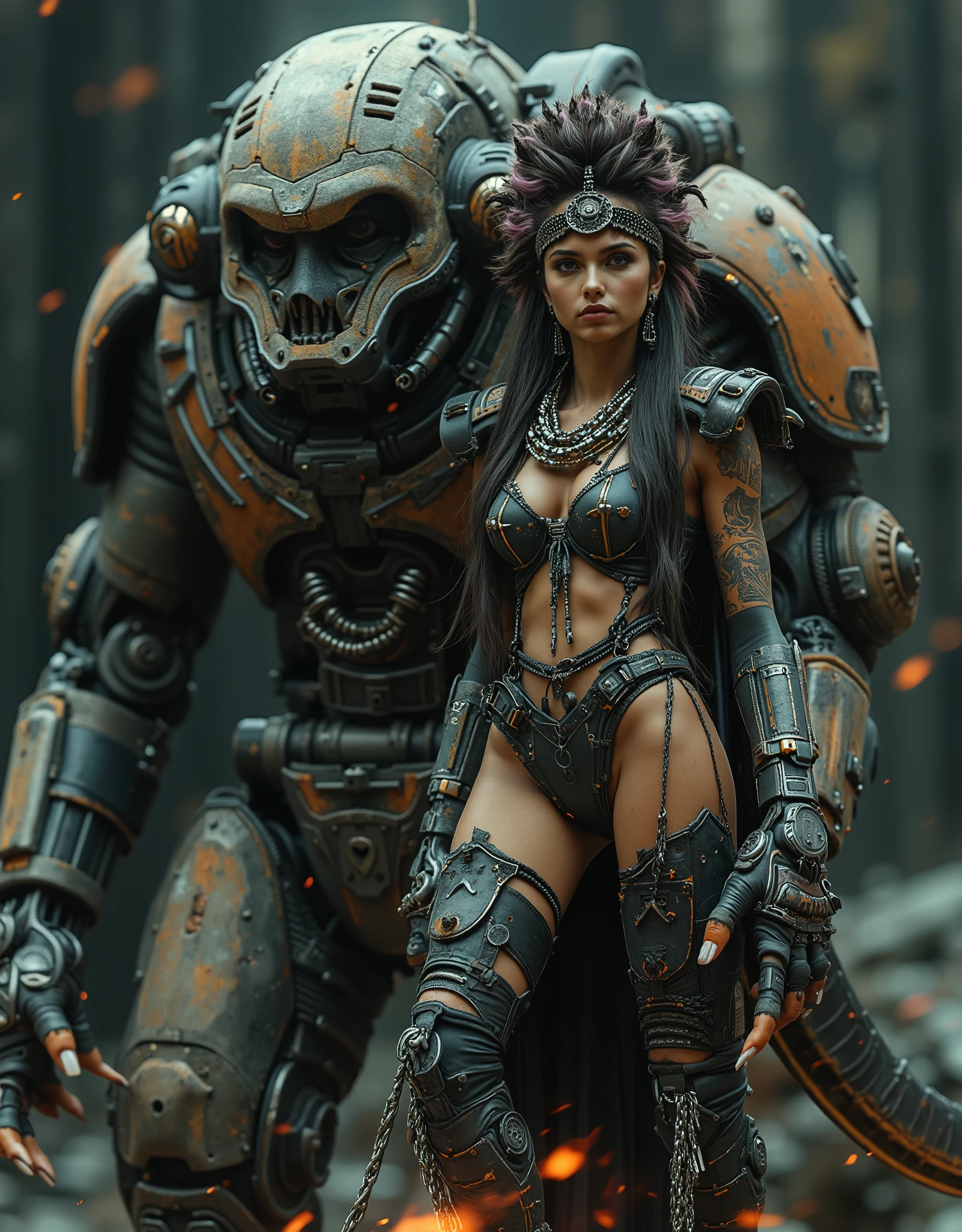 cinematographic photograph using rule of thirds and composition on planes Photo 3 / 4 takes over the entire body , beautiful and sexy naked woman , young Mexican woman of incomparable Latin beauty , top model, Elegant and gothic with small breasts , fit ((chains)), astronauta exploradora dress made of chains, emerald eyes, penetrating look , Punk chain , punk belt , hair, full body shot, torn screen , torn and broken leather and lace , showing the skin of the body , with Aztec tattoos , con chains Picos y Muchas joyas de plata de huesos de plata , hair lacio oscuro, some dreadlocks with purple tips , The Mayan headdress, a reference to King Pakal Maya , She is armed with Macahuitl Xihucoatl and a wielding fiery sword, parts of rusty armor with bas-relief Aztec motifs and some parts of bones , standing in attack position for the battle , brandishing the Xihucoatl of fire on the enormous skull of a Quetzalcoatl , Next to her in the background and fully appreciating a huge (huge) y alto robot mecha explorador de mundos de piernas largas inspirado en los Atlantes de Tula y con cabeza de dios azteca Tlaloc Tezcatlipoca y con armadura oscura con mucho oxido battle damage y partes destruidas, You can see the exposed mechanism composed of pistons , hoses, chains y motores con algunas luces, . In the background of a desolate apocalyptic planet , por la noche, gloomy atmosphere, ethereal smoke emanating from her and the macahuitl , dark. Maya warrior , Robot Atlante de Tula . BATTLE POSES. battle damage. in the style of Ashley Wood a high level of style Racrufi . The two characters must be observed in their entirety in their entirety