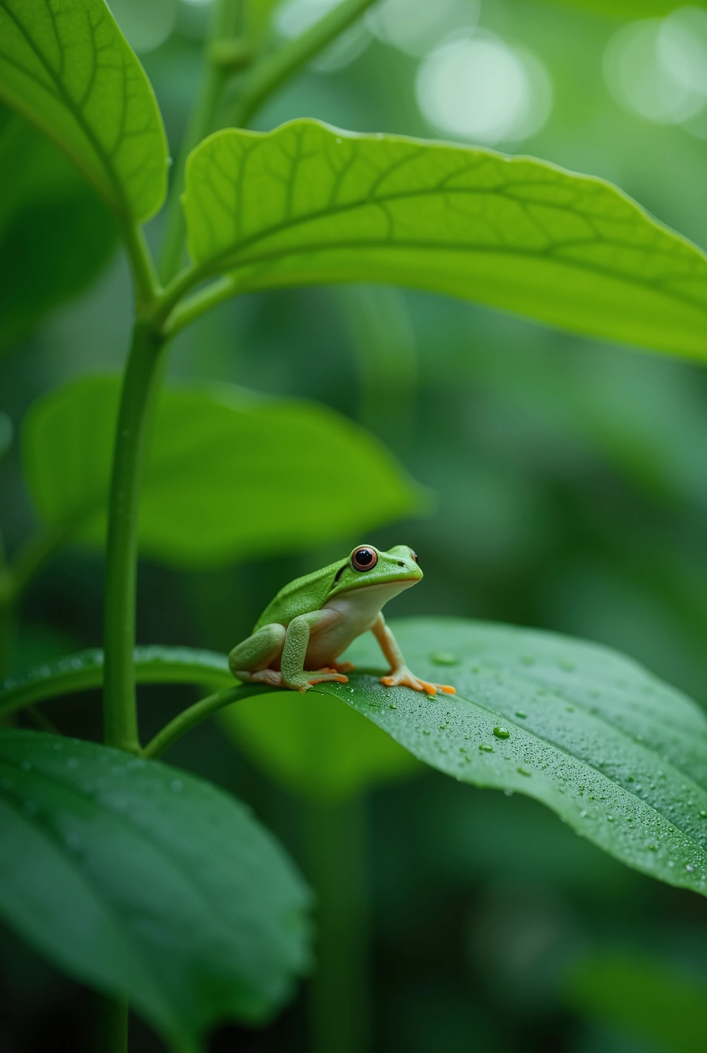 A beautiful green little frog、Forest、Leaf、Moist rain