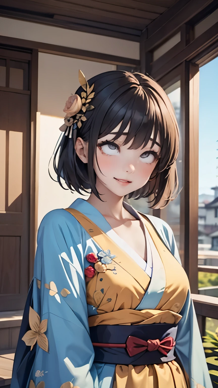 masterpiece, TOP QUALITY, scene girl, scene , world masterpiece theater, very detailed, HD, TOP QUALITY, black hair headdress , beautiful short bob, bangs that extend all the way to the eyes like Dracula, HD , very well detailed, 1 girl , TOP QUALITY, 's art , video viewer , impasto , canvas, Oil, Genuineistic, Genuineist ,Genuine, long eyelashes,double eyelid in office, with big noses,traditional blue kimono,Yellow floral dress,Sad eyes ,smile, Japanese girl,Japanese House,