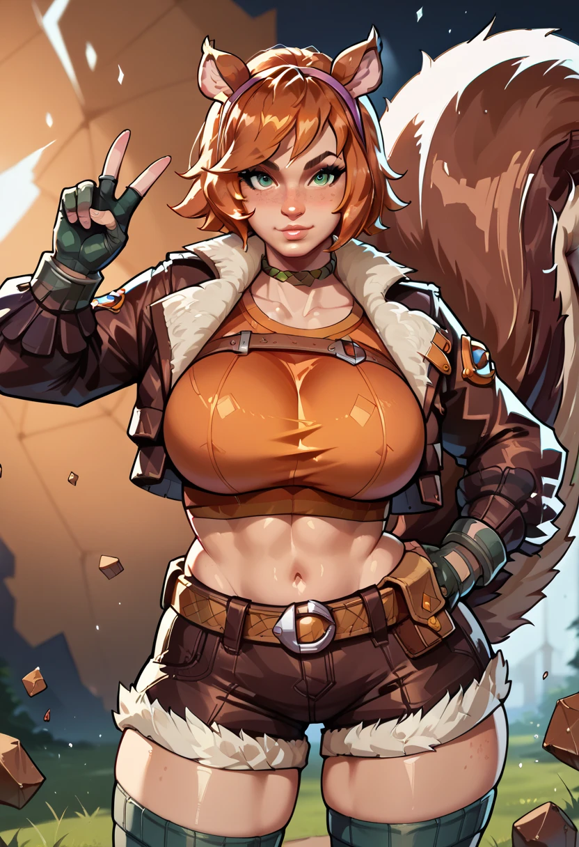 ((score_9, score_8_up, score_7_up, score_6_up, score_5_up, score_4_up)), BREAK, ((source_Western_Comics)), BREAK, ((Masterpiece, Best Quality, Highly Detailed, 3/4 shot, Detailed Background)), BREAK, ((huge Breasts, Wide Hips, Big Ass)), BREAK, ((Sexy Pose, Action Pose, Dynamic Pose)), BREAK, ((1girl)), squirrel girl, squirrel ears, large squirrel tail, short hair, red hair, ((freckles:1)), green eyes, cropped jacket, fur trim, finger-less gloves, midriff, shorts, thigh-highs, peace sign, V