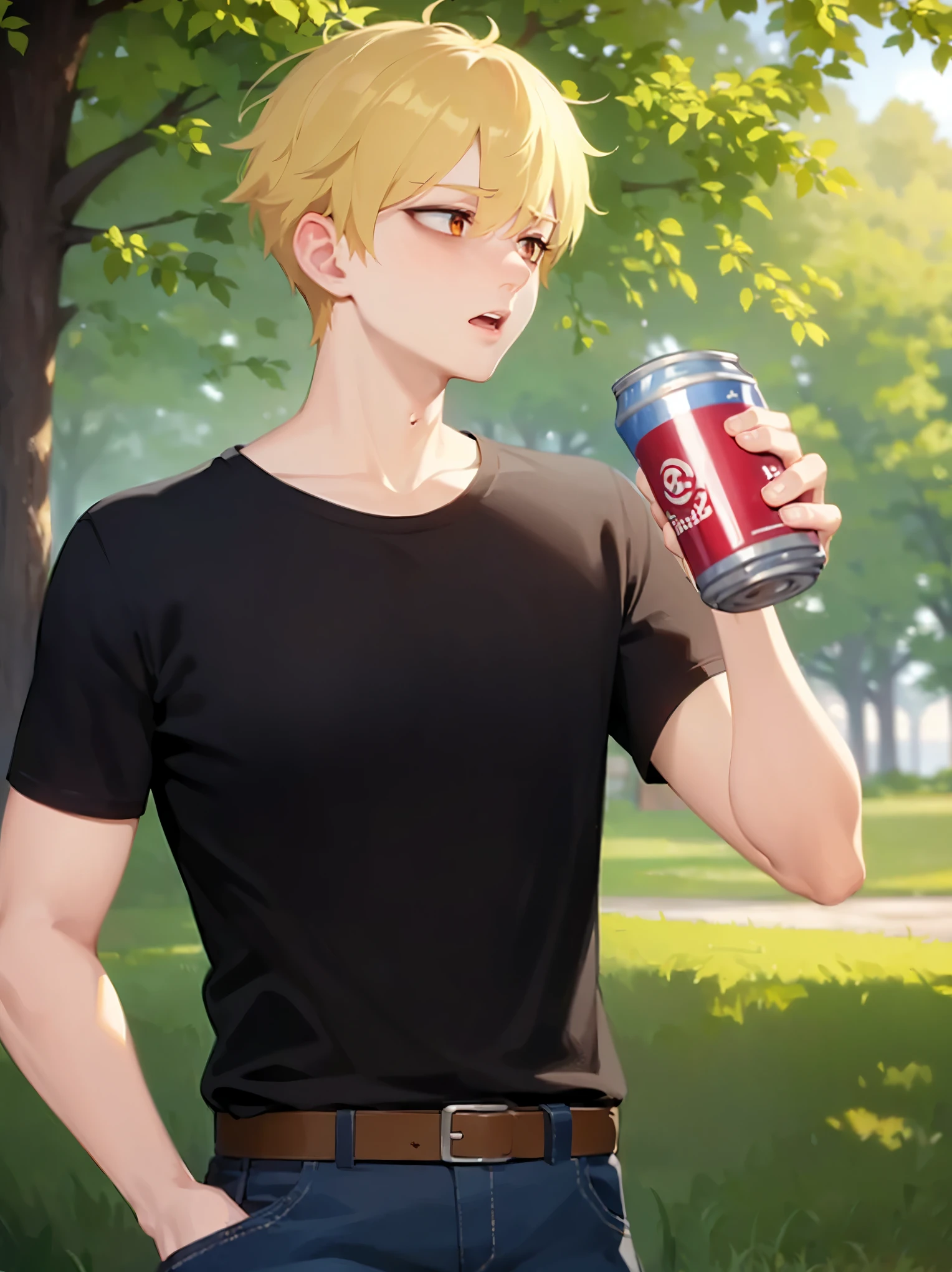side angle, (looking away:1.5), masterpiece, best quality, Japanese manga style, upper body, standing, (holding a canned beer:1.3), hand up, (25 year old male: 1.5) and (short blonde hair) and (orange eyes), BREAK (black) and (plain T-shirt) and (jeans) BREAK surprised, open mouth, in the park, alone,