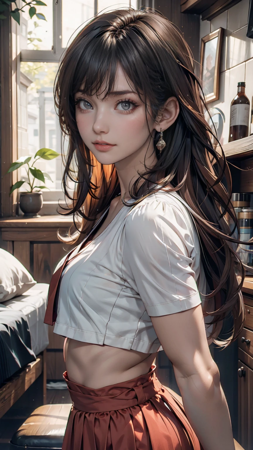 Realistic, High resolution, 1 girl, White Wavy Hair, heterochromatic eyes, Small mole under eye, Loose white shirt, Skinny denim shorts, Large Breasts, Thighs, A masterpiece where you can see the underwear, realism、24-year-old female、Sexy proportions、erotic、Long eyelashes、Long neck、slender limbature female body、Deco bangs((bangs pinned back))、Side braids((side braid))