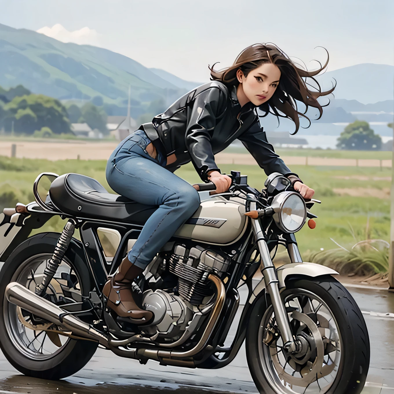 Vintage Bike、victory、Isle of Man Race、(A young female rider is sprinting on a motorcycle)、Leather Jumper、Cronwell Helmet、With goggles、 after rain、British countryside、