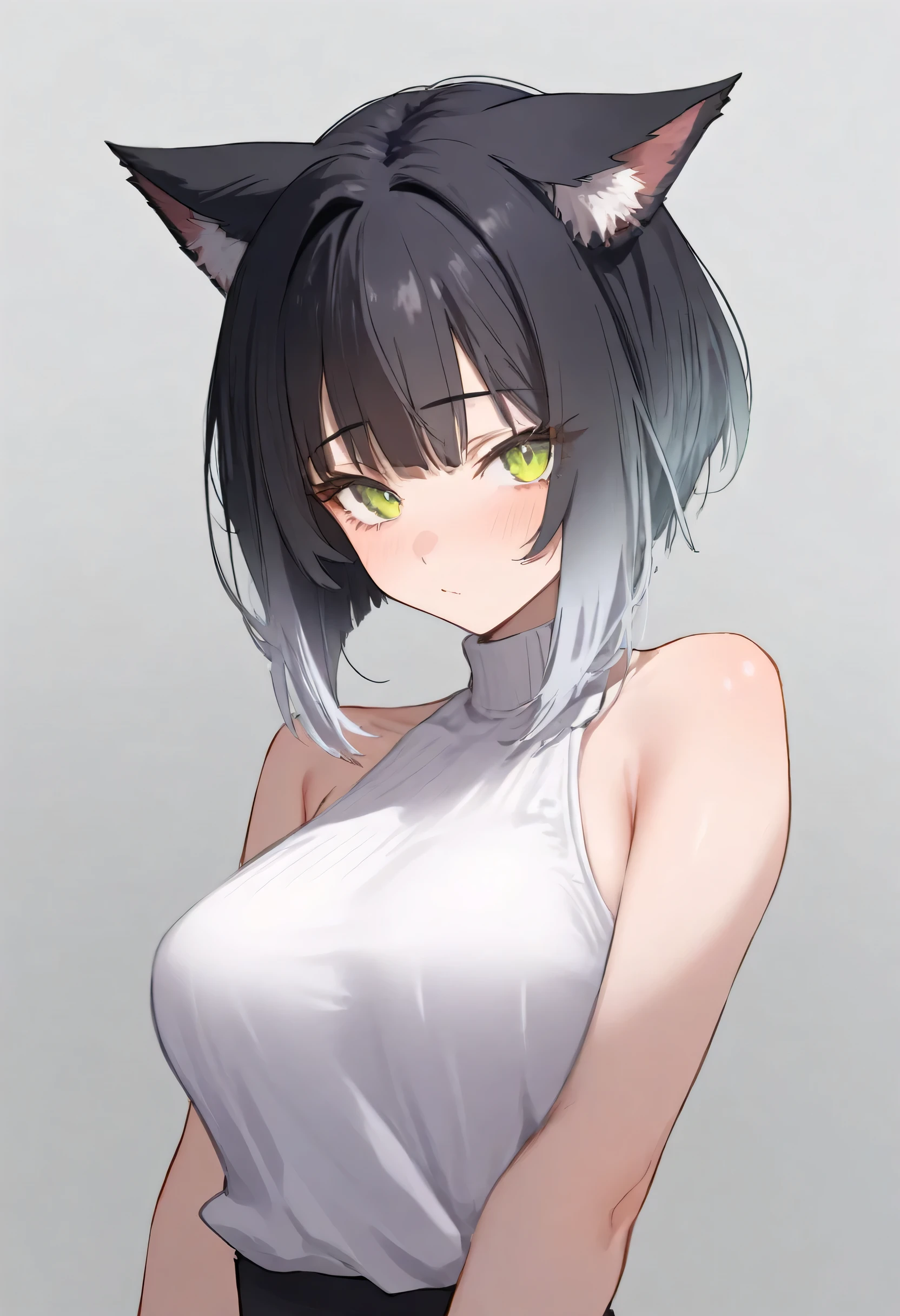 aruhshura,  masterpiece, best quality, very awa, year 2024, newest, highres, absurdres, short, with cat ears, black hair, [(gradient hair from silver to black:1.4):0.4], short hair, looking at viewer