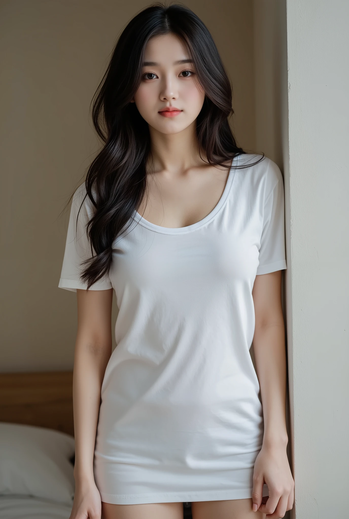 highest quality、masterpiece、office lady、White Room Wallpaper、Wood Grain Floor、(Medium Wavy Hair)、flat chest、blush、arms behind back、from the front、erect nipples,(White T-shirt)
