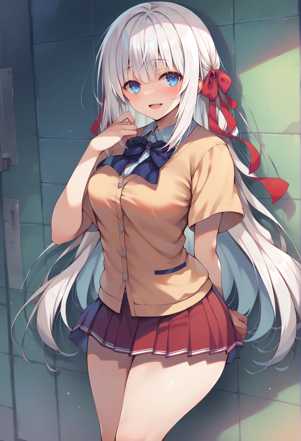 1girl,  alisa mikhailovna kujou,tokidoki bosotto roshia-go de dereru tonari no arya-san,solo, long hair, eyebrows visible through hair, hair between eyes, silver hair, hair ribbon, blue eyes,visible pupils, eyes reflexes, medium breasts, ((neko ears)), ((cat ears)) 
from behind, portrait, looking to the side, horny smile, closed mouth, lights and sunflare from the lateral rear window, 
best quality, very aesthetic, absurdres, scenery at school, extremely cute and sexy, sitted on a desk, spread legs, playing with her bare foot Bringing them closer to us