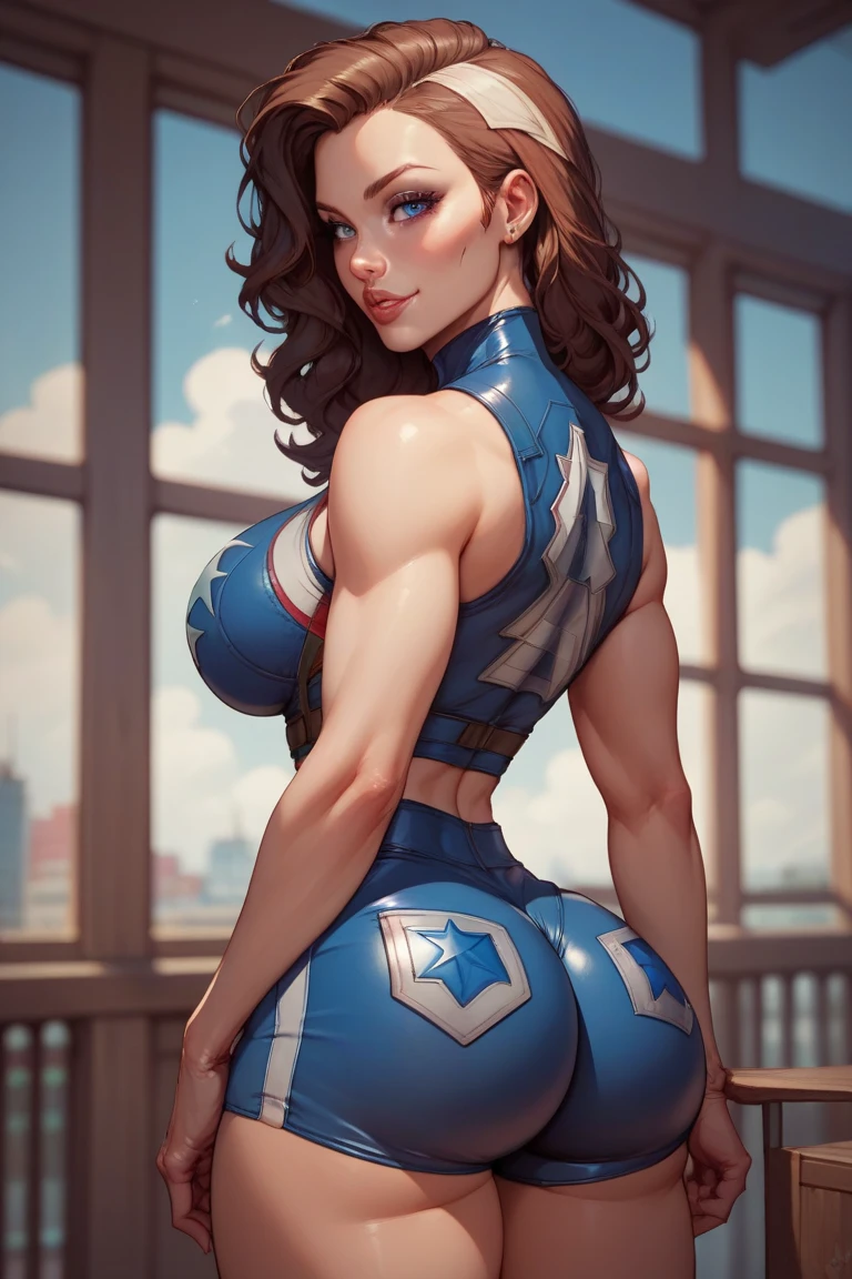 Five-fingered、Colossal 、1 Female Alafe Air Force Officer、thin and long legs,、Fitness Model、musculature、abdominaletallic White Shirt、Metallic sky blue jacket and skirt、Metallic green tie、Class Chapter、decoration、skin tanned、glistning skin、Cool smile、Pose ready to fight