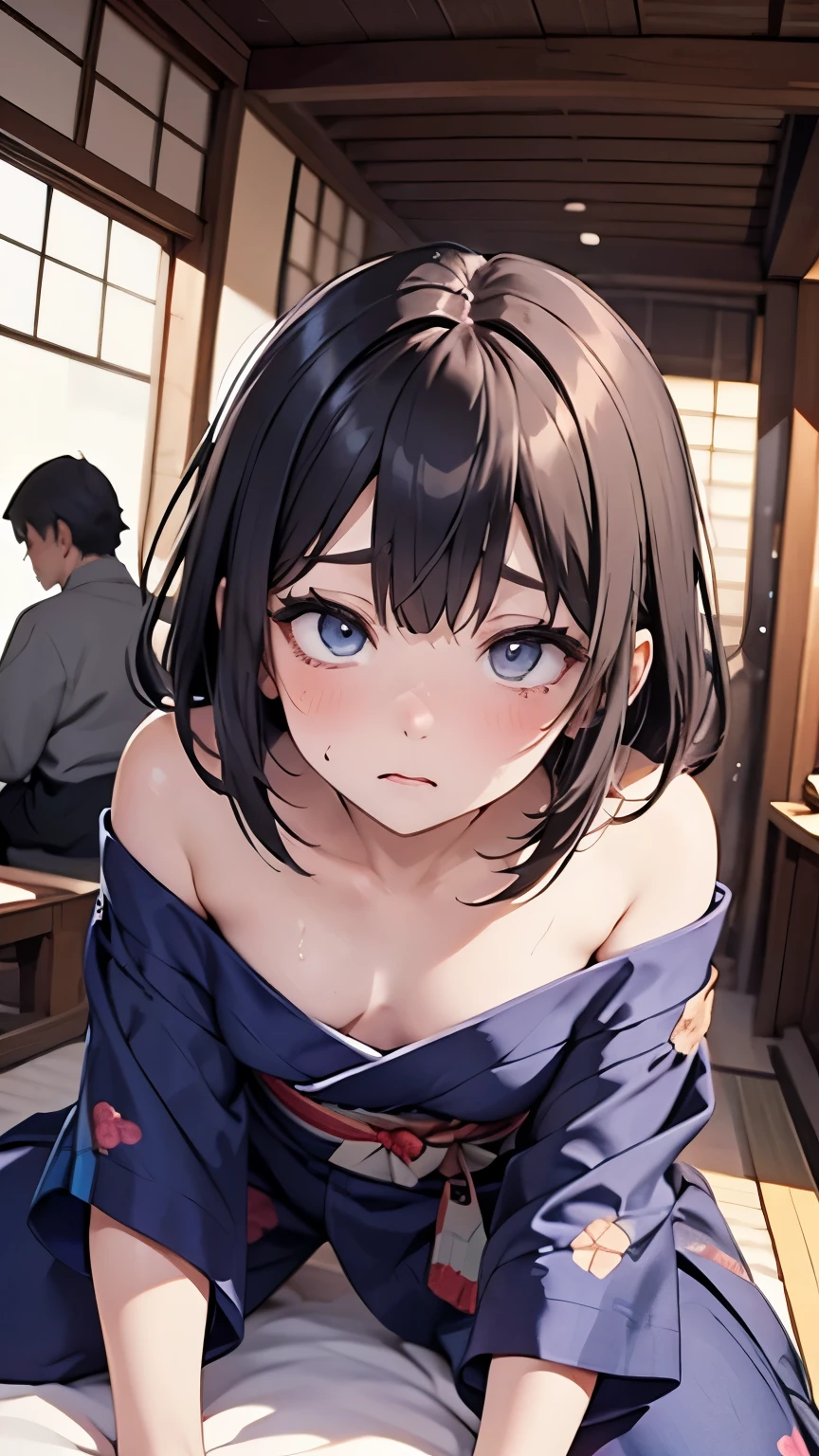 masterpiece, TOP QUALITY, scene girl, scene , world masterpiece theater, very detailed, HD, TOP QUALITY, black hair headdress , beautiful short bob, bangs that extend all the way to the eyes like Dracula, HD , very well detailed, 1 girl , TOP QUALITY, , video viewer , impasto ,, Genuineistic, Genuineist ,Genuine, long eyelashes,double eyelid in office, with big noses,traditional blue kimono,Yellow floral dress, take it off、strip、Sad eyes ,embarrassed face, Japanese girl,Japanese House,break out in a cold sweat、 red cheeks 、 crotch open、 defecate、 lie down