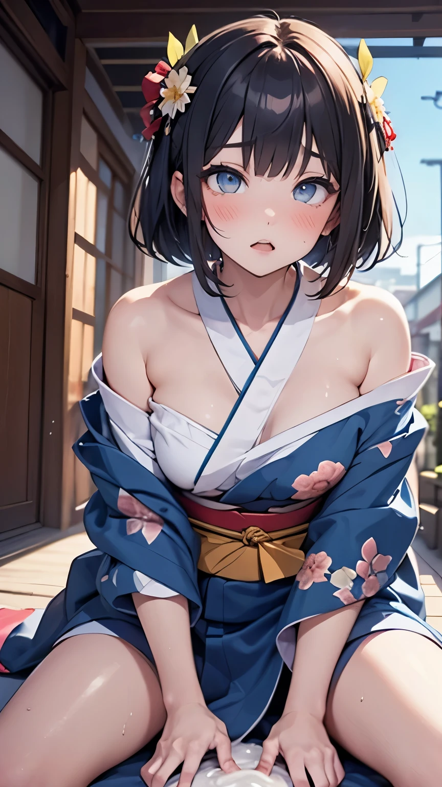 ((Highest quality)),(超High resolution),(Very detailed),(Detailed Description),((The best CG)),(masterpiece),Ultra-detailed art、(Highest quality、8k、32K、masterpiece)、(Realistic)、(Realistic:1.2)、(High resolution)、Very detailed、Very beautiful face and eyes、1 female、Tight waist、Big Breasts、Delicate body、(Highest quality、Attention to detail、Rich skin detail)、(Highest quality、8k、Oil paints:1.2)、Very detailed、(Realistic、Realistic:1.37)、Bright colors、1 Girl、、cute、(:1.2)、Brown Hair、Bobcut、Brown eyes、(Flat Chest:1.3)、solo(Bandage on the chest:1.4)、(Loincloth:1.4)、(Sweat:1.4)、Headband、night、night、(Blue yukata:1.4)、Nipples、Pussy、Pussy juice、Half-closed eyes、Heavy breathing、(ぷっくりNipples:1.2)、Mouth Opening、Smile 1 woman 1 man 1、penis、The Faceless Man、Muscular man、Men with brown skin、Blowjob、Bukkake、Pussyに射精、Cum on body、Facial、Cum on my chest、Grabbing someone's head、(Deep Throat:1.4)、smile、(penis舐め:1.4)