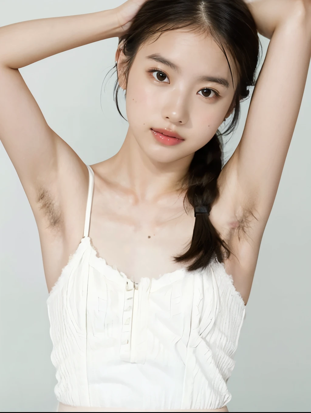 1girl, portrait, (Japanese girl, hands behind head, hairy armpit exposed), ((hairy armpits, armpit hair:1.4)), (white camisole dress), skinny body, (flat chest:1.3), shiny pale skin:1.2, (glossy cod lips:1.3, blush, parted lips), white wall, studio lighting, looking at viewer, Realistic, (real picture, Intricate details), natural skin texture:1.5