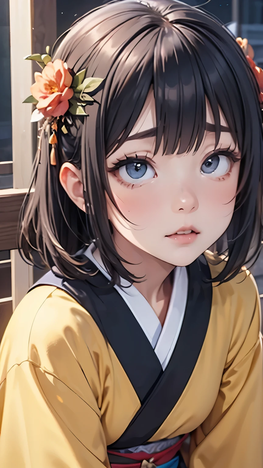 masterpiece, TOP QUALITY, scene girl, scene , world masterpiece theater, very detailed, HD, TOP QUALITY, black hair headdress , beautiful short bob, bangs that extend all the way to the eyes like Dracula, HD , very well detailed, 1 girl , TOP QUALITY, , video viewer , impasto , illustration style,realistic、 long eyelashes,double eyelid in office, with big noses,traditional blue kimono,Yellow floral dress, take it off、strip、Sad eyes ,embarrassed face, Japanese girl,Japanese House,break out in a cold sweat、 red cheeks 、 crotch open、 defecate、 lie down