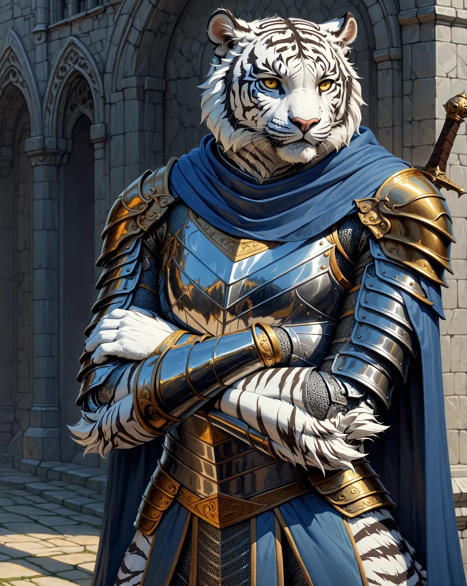 masterpiece, absurdres, hyper detailed, 4k, UHD, 1adult male, White Tiger, Yellow eyes, (serious look) (crossed arms) knight, Armor, Blue-Cloak, Holding a sword, standing, upper body,