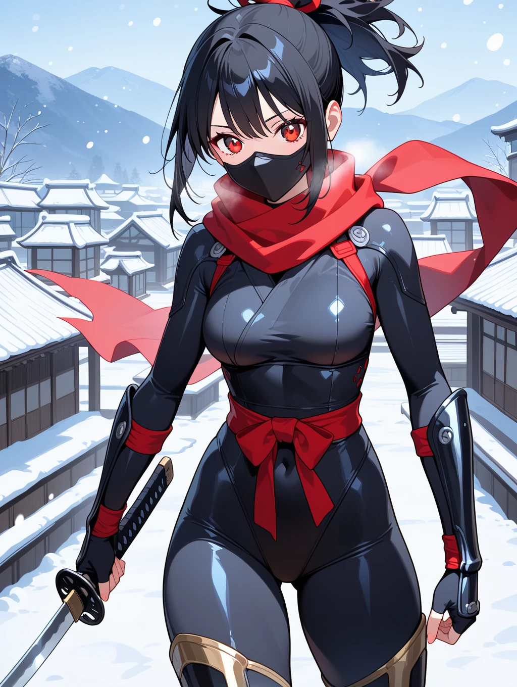 Ninja suit, ninja pose, long red scarf, huge tits Rubor, red eyes, Japanese garden in the background,Transparent mesh on the titsAlta resolución,