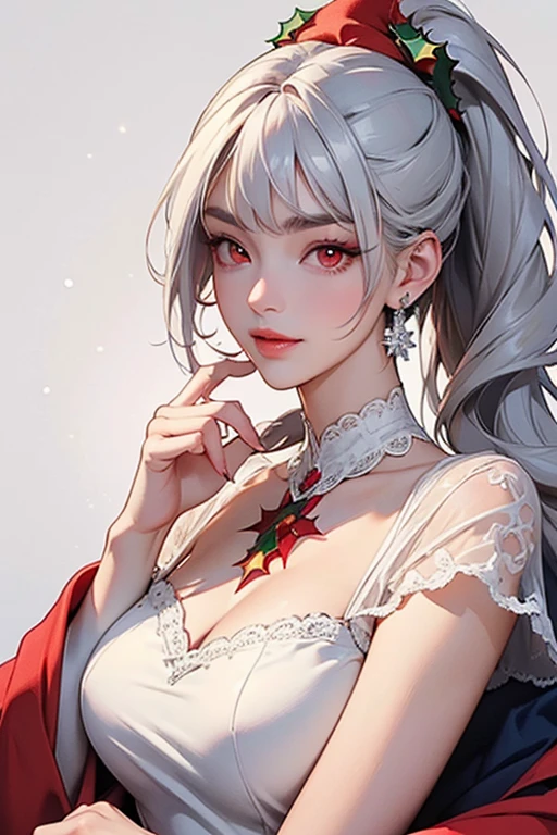 photorealistic, high resolution, 1women, solo, hips up, look at viewer, (detailed face), white hair, long hair, red playboy bunny outfit