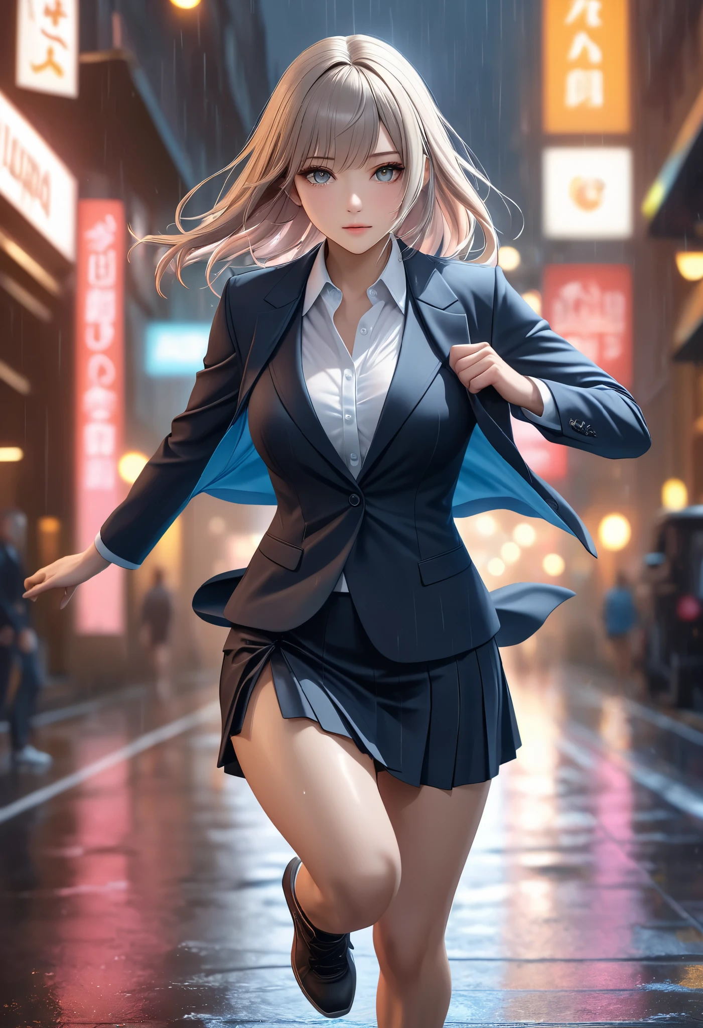 very detailed, high quality,  8k octane,  super detailed, JPEG compression distortion, An adult woman starting to run, Alone, Hand raised above head, home from work chased by Yudachi, 
suit skirt, run,  wet blouse, 必死にrun魅力的な女性, Complex and detailed rain, ,Ultra High Definition, 
realistic, photorealistic, photo-realistic:1.37, 4K, 8k, HDR, UHD, studio lighting, ultra-fine painting, sharp focus, physically-based rendering, extreme detail description, professional, vivid colors, bokeh, dramatic lighting, atmospheric, cinematic,  fantasy, digital painting