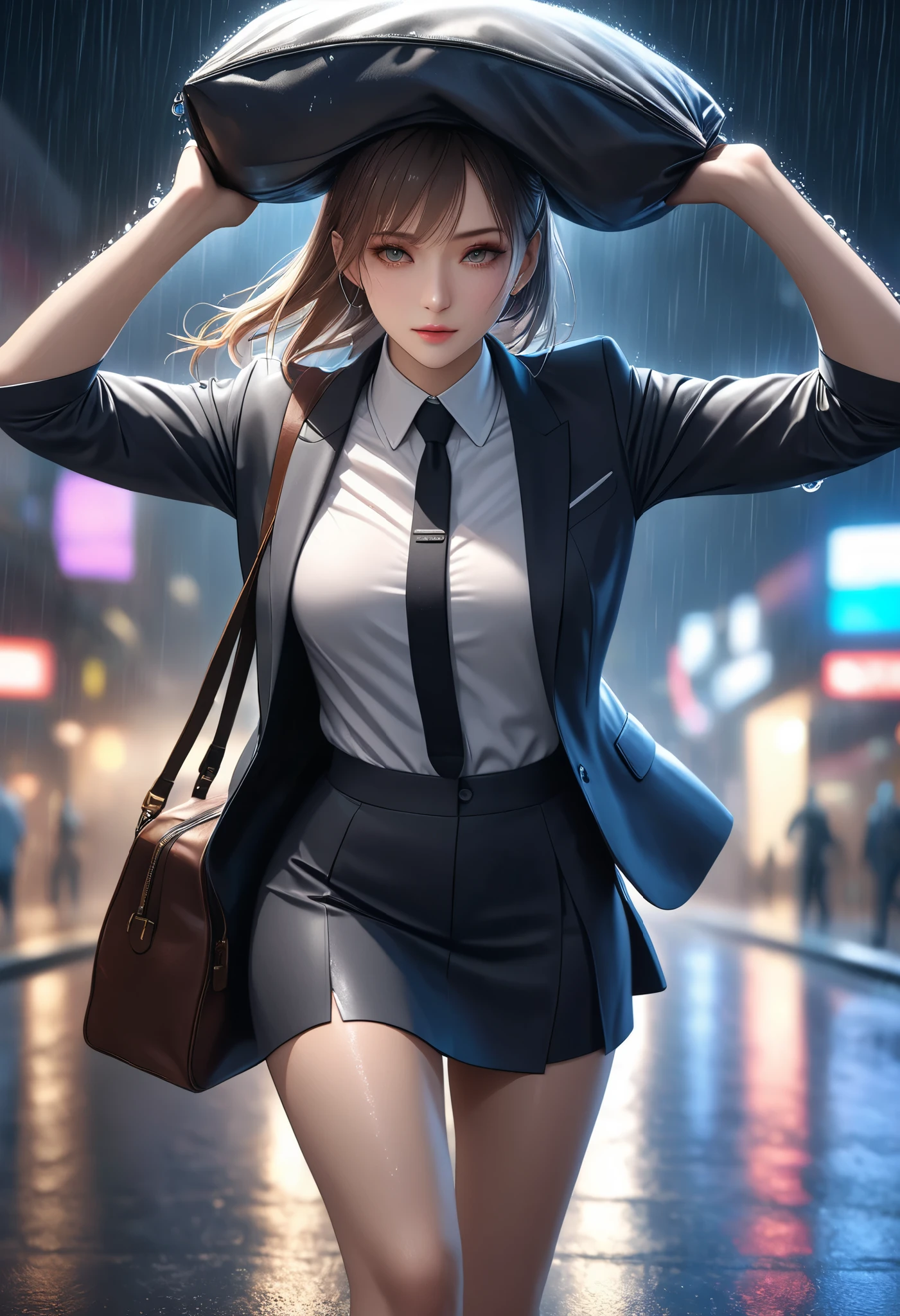 very detailed, high quality,  8k octane,  super detailed, JPEG compression distortion, An adult woman starting to run, Alone, Hand raised above head, home from work chased by Yudachi, 
suit skirt, run,  wet blouse, 必死にrun魅力的な女性, Complex and detailed rain, ,Ultra High Definition, 
realistic, photorealistic, photo-realistic:1.37, 4K, 8k, HDR, UHD, studio lighting, ultra-fine painting, sharp focus, physically-based rendering, extreme detail description, professional, vivid colors, bokeh, dramatic lighting, atmospheric, cinematic,  fantasy, digital painting
