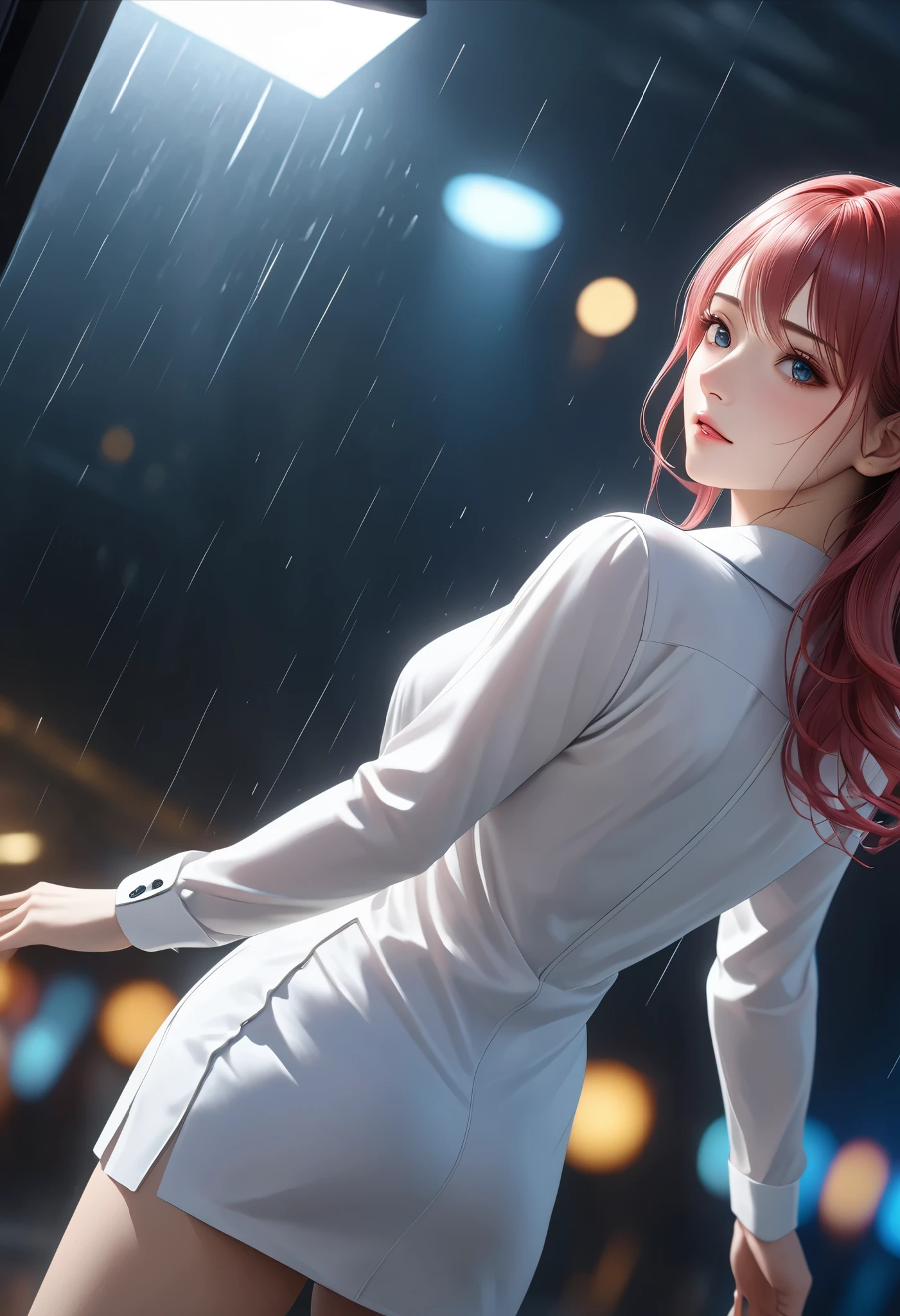very detailed, high quality,  8k octane,  super detailed, JPEG compression distortion, An adult woman starting to run, Alone, Hand raised above head, home from work chased by Yudachi, 
suit skirt, run,  wet blouse, 必死にrun魅力的な女性, Complex and detailed rain, ,Ultra High Definition, 
realistic, photorealistic, photo-realistic:1.37, 4K, 8k, HDR, UHD, studio lighting, ultra-fine painting, sharp focus, physically-based rendering, extreme detail description, professional, vivid colors, bokeh, dramatic lighting, atmospheric, cinematic,  fantasy, digital painting