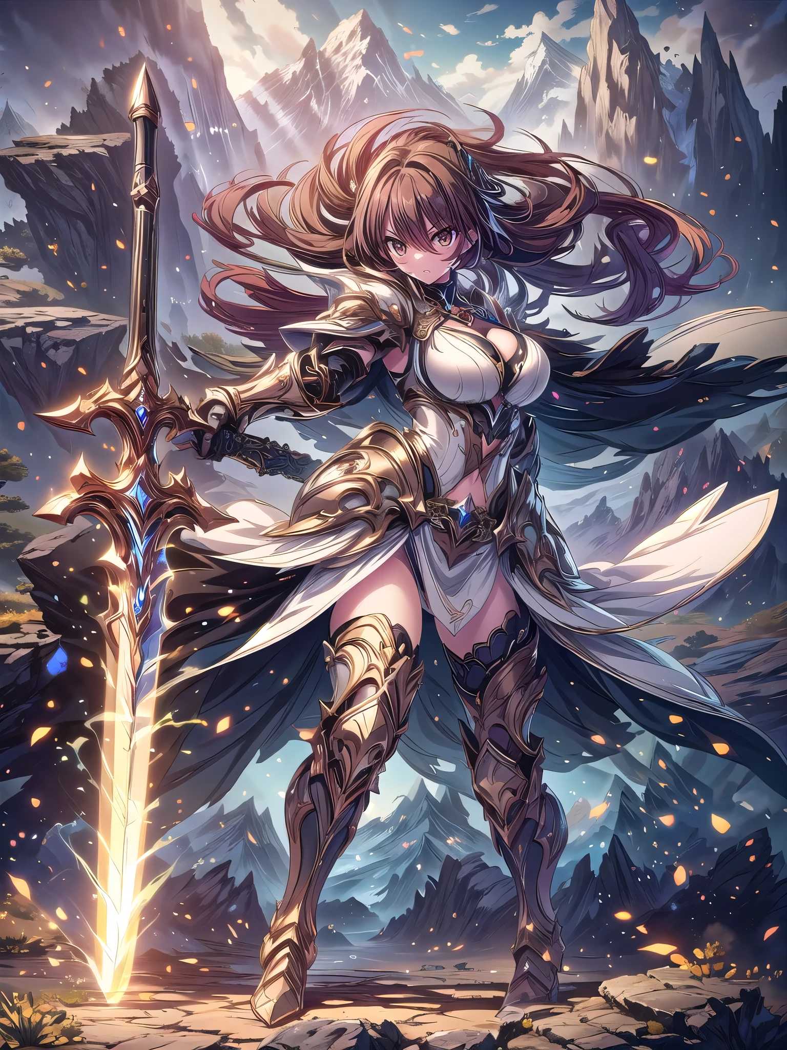 (((masterpiece, best quality, high detailed, 16k))), A girl holding a sword in her hand, female goddess, Ornate Sword, earth element divine sword, Planted Sword, (close-up of sword), brown eyes, brown hair, big breasts, white bikini dress, white cloak, powerful and fantastic full armor, cropped shoulders armor, plate armor, skinny waist, cleavage, thighs, thigh highs, glaring, weapon, (sword:1.3), fighting stance, dynamic angle, attack battle form, gripping, magnificent, epic, majestic, magical, fantasy art, cover art, wind blowing, earth and desert background surrounded by rocks and mountains. (detailed face), (detailed eyes), ((full body front view)), (extremely detailed:1.5)