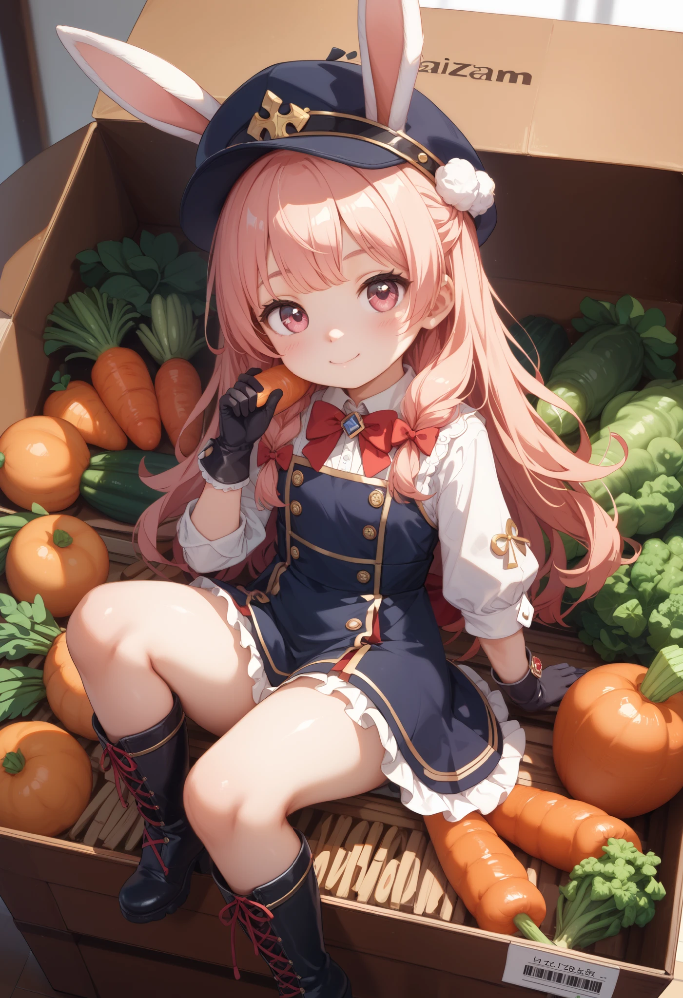 score_9、score_8_ up、score_7_ up、masterpiece、 top quality 、1 cute girl、Bouncy low twin、hot bangs 、Work Clothes with Fur 、hat、gloves、 boots、 miniature rabbit delivery man is delivering vegetable boxes 、For You Happy、 complete box 、Puzzle box 、 heaps of sparkling vegetable boxes 、 high res