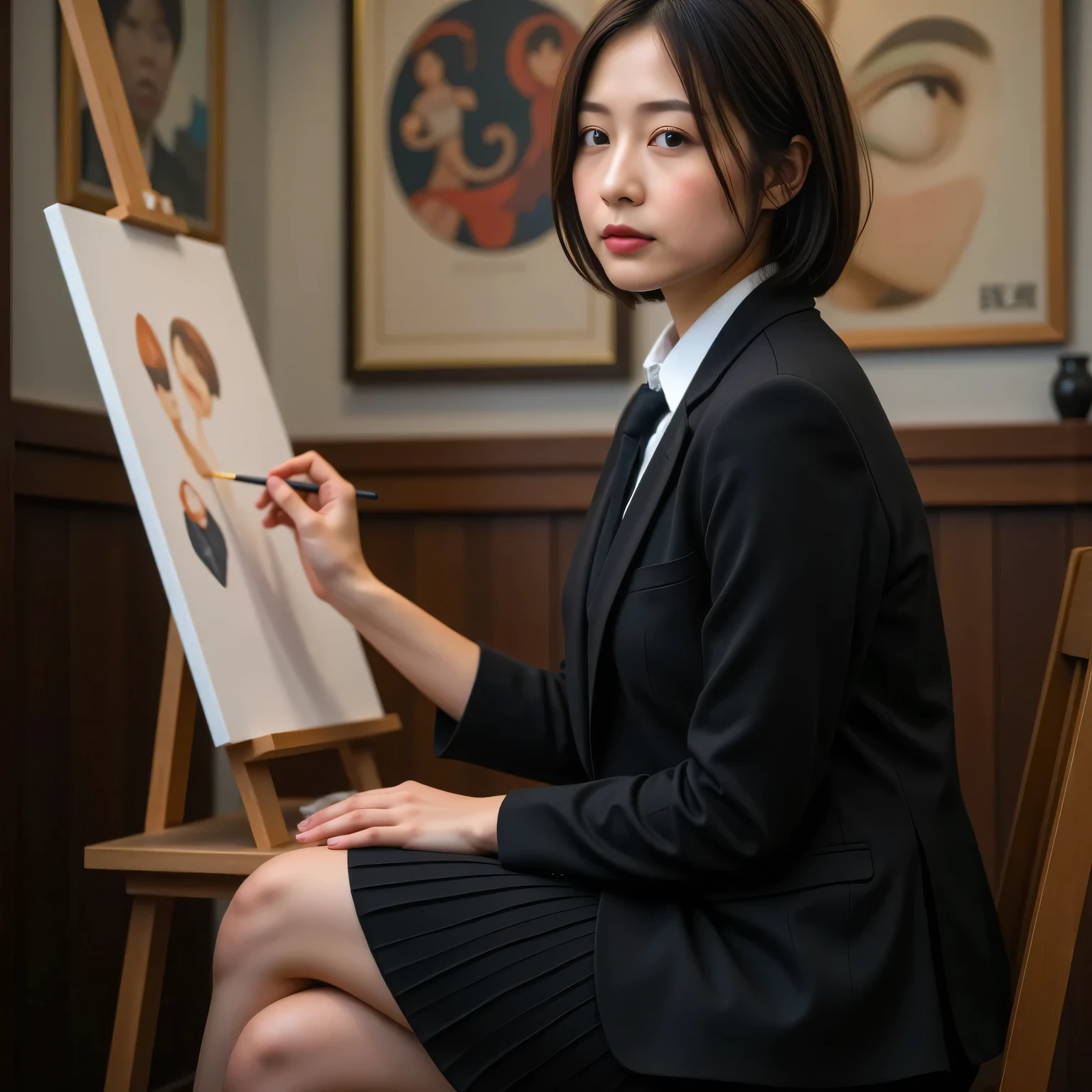 Dramatic Scenes , shadow, Global Illumination, alone, retro female student photo :1.331, A female student in the art club:1.331, realistic, Beautiful Japanese woman's face, In the art room:1.5, Sit on a chair, She is painting in oil on an easel canvas:1.331, side view :1.331, anatomically correct limbs, anatomically correct 5 fingers, very realistic photo, ultra photorealistic, Perfect Anatomy:1.21, small head:1.21, Close your lips , Portrait of a Japanese Woman:1.21, Plain Black Blazer uniforms from famous high schools in the city, Black blazer:1.331, white shirt:1.21, Black thin loop ribbon :1.331, black pleated skirt, black hair:1.21, bob cut hair:1.21, Beautiful Japanese Woman's Face with No Makeup:1.21, Detailed Iris, Sharp eyebrows:1.37, detailed face, Glowing Skin:1.21, The work on the blurred background is displayed on the wall, Silky Screen, with dynamic, cinematic lighting shines,