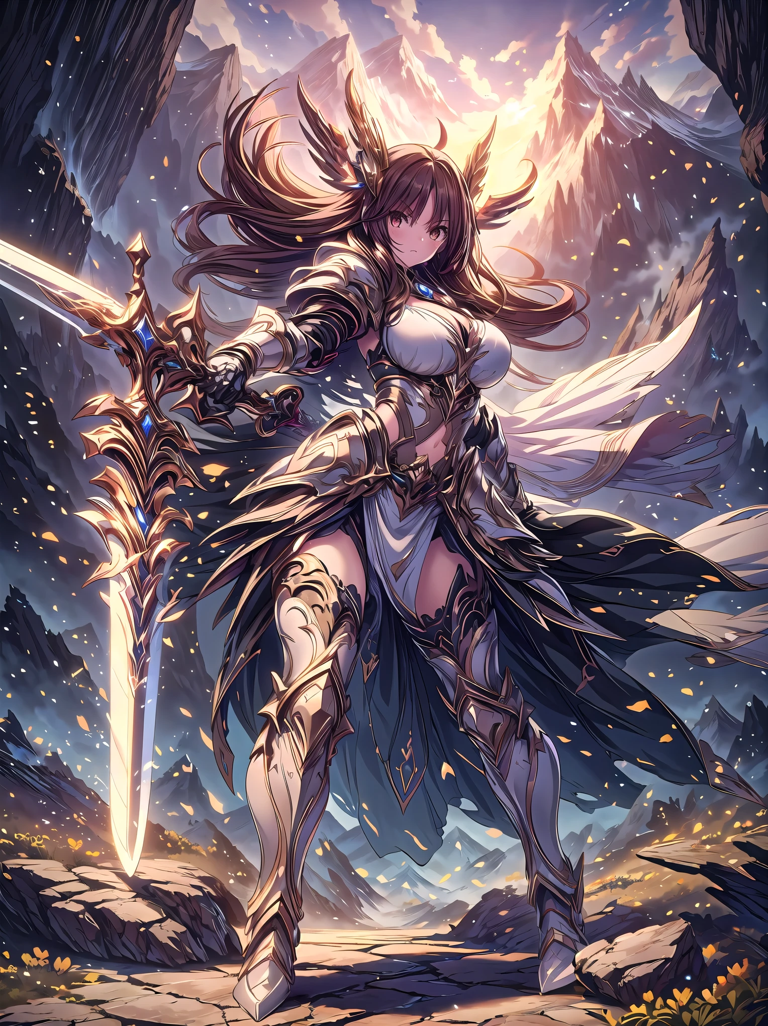 (((masterpiece, best quality, high detailed, 16k))), A girl holding a sword in her hand, female goddess, Ornate Sword, earth element divine sword, Planted Sword, (close-up of sword), brown eyes, brown hair, big breasts, white bikini dress, white cloak, powerful and fantastic full armor, cropped shoulders armor, plate armor, skinny waist, cleavage, thighs, thigh highs, glaring, weapon, (sword:1.3), fighting stance, dynamic angle, attack battle form, gripping, magnificent, epic, majestic, magical, fantasy art, cover art, wind blowing, earth and desert background surrounded by rocks and mountains. (detailed face), (detailed eyes), ((full body front view)), (extremely detailed:1.5)