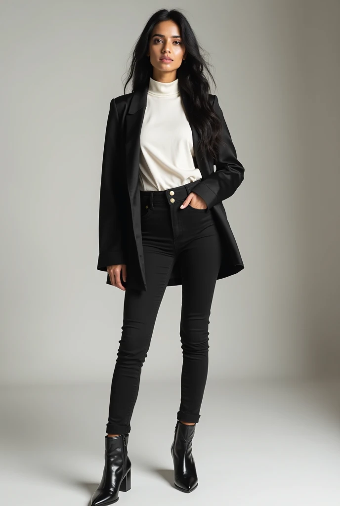 A Pakistan beautiful stylish women 20 years white skin and Black hair and white cotton pullover neck tight shirt and black shining blazer and Black fitting pant and black shining boots full outfits standing women n high quality 8k uhd upscale realistic
