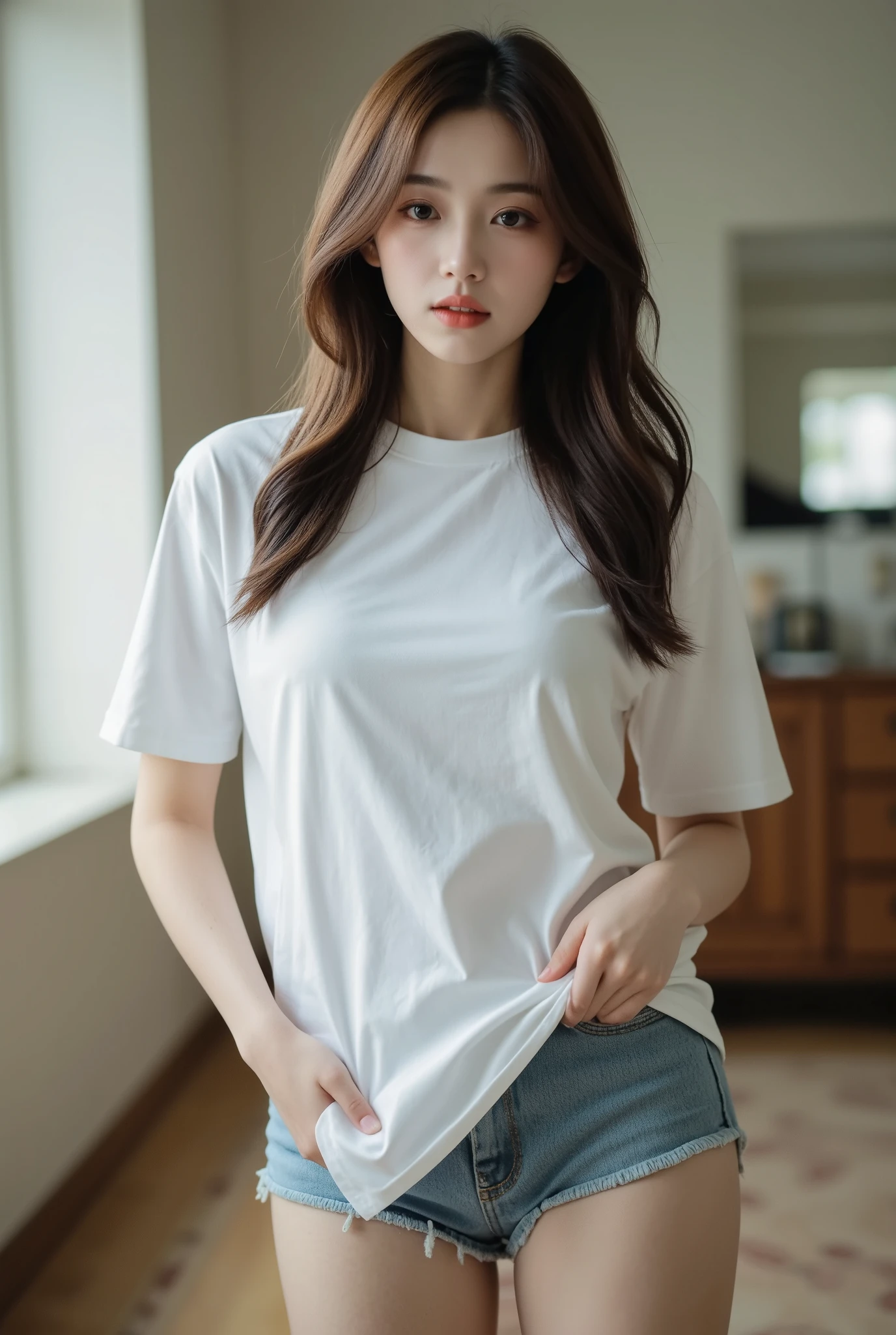 absurdres, RAW photo, extremely delicate and beautiful, masterpiece, Best Quality, ultra high resolution, 32k, hyperrealistic, ultra-detailed, in her 20s, delicate facial features, tearful mole, earring, medium breasts, full body shot, shorter middle hair, black hair, tennis uniform, shirt, shorts,