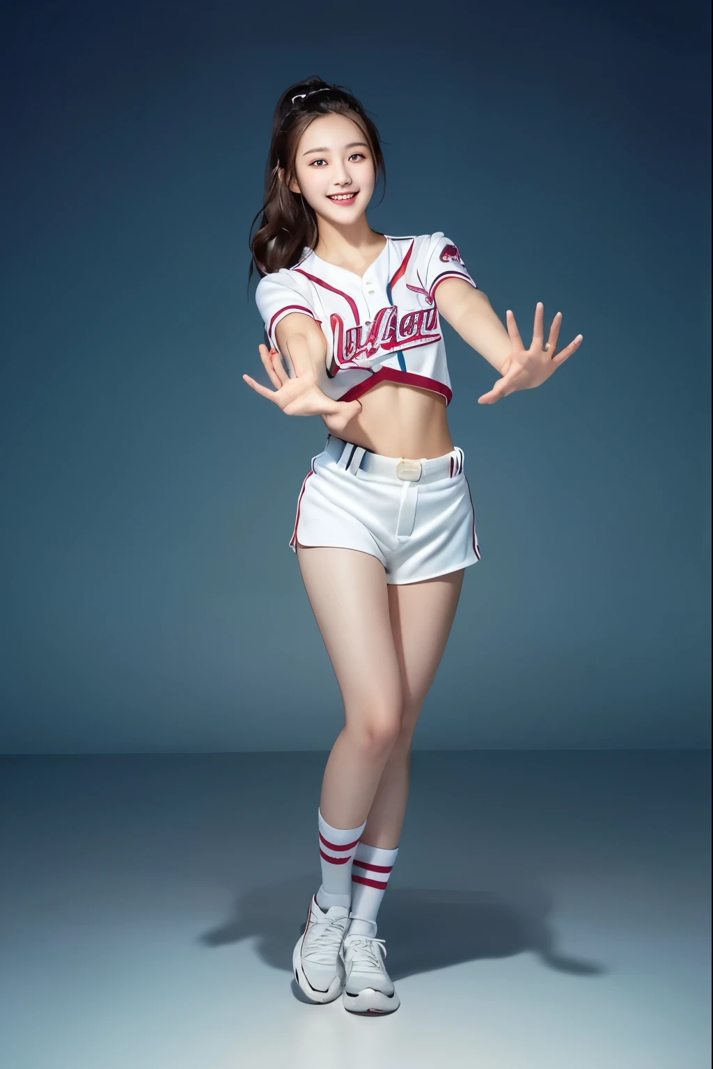 very beautiful asiatica woman, brown short hair, high school clothes, red sneakers, ultra realistic image