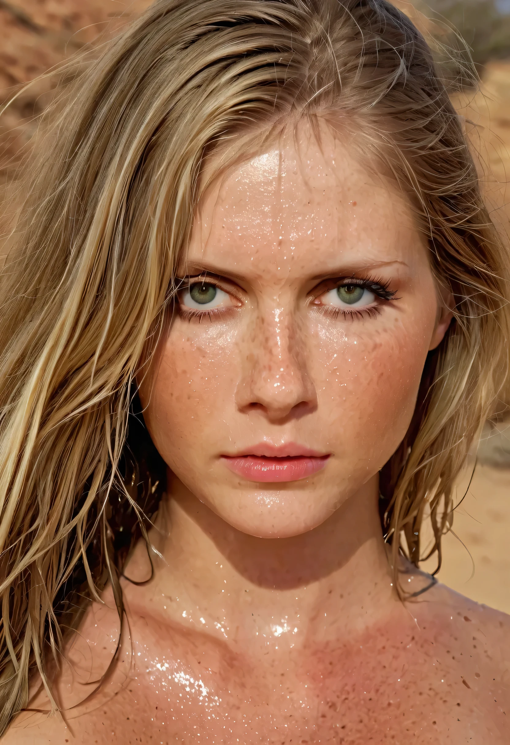 score_9,score_8_up,score_7_up, a extreme beautiful 18yo woman, (((high detailed face))), (((hiper realistic face))), ((high detailed eyes)). Create an image of a thin, athletic woman, ((wet hair)), dirty, She is a soldier in a war and desert environment. She has wet blonde hair, vibrant green eyes, extreme beautiful nipples, and flawless white skin, skin covered in sweat, lubed skin. Despite being an experienced combatant, She's injured, Sweaty and tired, but continues to fight with determination. Use bright sunlight and desert sand to create a realistic scene, desolate atmosphere. Try different angles and perspectives to capture the essence of their bravery and resilience, and use a hot, earthy color palette to emphasize the dry, desert environment. realistic photo, close up, freckles, (((extreme long hair to the waist))), ((wet hair))), wet dripping hair, ultra-realista, obra-prima, alta qualidade, highres, absurdes, ray tracing, “photorealistic portrait of a beautiful!!! aesthetic!!!, kodak film, ultra realistic face, photorealistic effect, 8k, perfetc eyes, perfect edges, perfetc body and hair ultra realistic, hair with great details, face photorealistic, perfect face, perfect anatomy, photorealistic, photo, masterpiece, realistic, realism, photorealism, high contrast, photorealistic, 8k HD high definition detailed realistic, detailed, skin texture, hyper detailed, realistic skin texture, armature, best quality, ultra high res, (photorealistic:1.4),, high resolution, detailed, raw photo, sharp re, nikon d850 film stock photograph 4 kodak portra 400 camera f1.6 lens rich colors hyper realistic lifelike texture dramatic lighting, unreal engine, cinestill 800