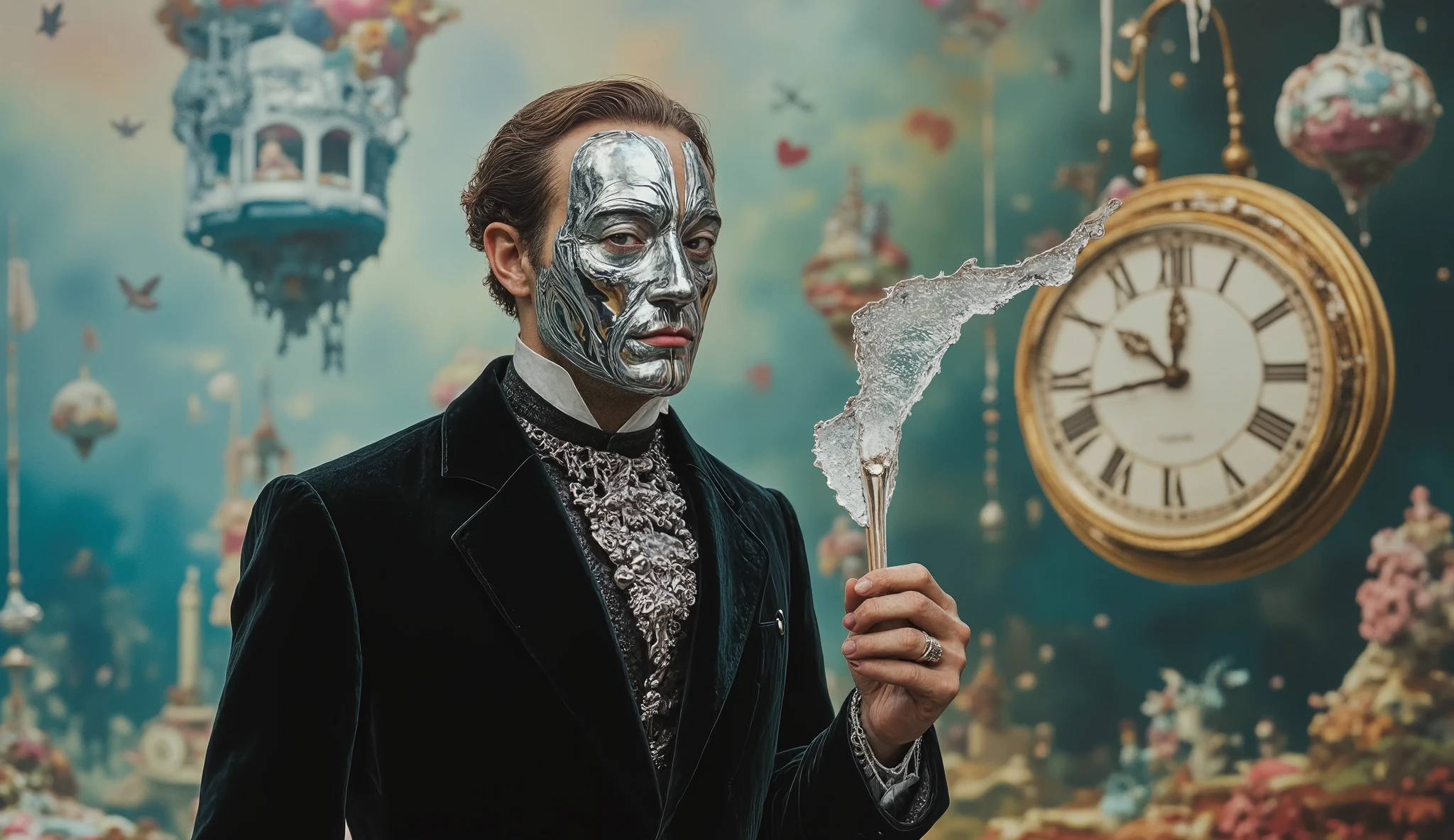 a male figure , elegant and refined, with a Victorian suit of black velvet and metallic details in silver tones. His face is covered by a mirror, reflecting a distorted image of his environment, while holding a brushstroke of bright paint that seems to melt in the air. The background is a surreal space with melted clocks and floating structures, as in Dalí's style, in an environment of metallic haze and pastel lights. All in 8K, with cinematic lighting and hyperrealistic details.