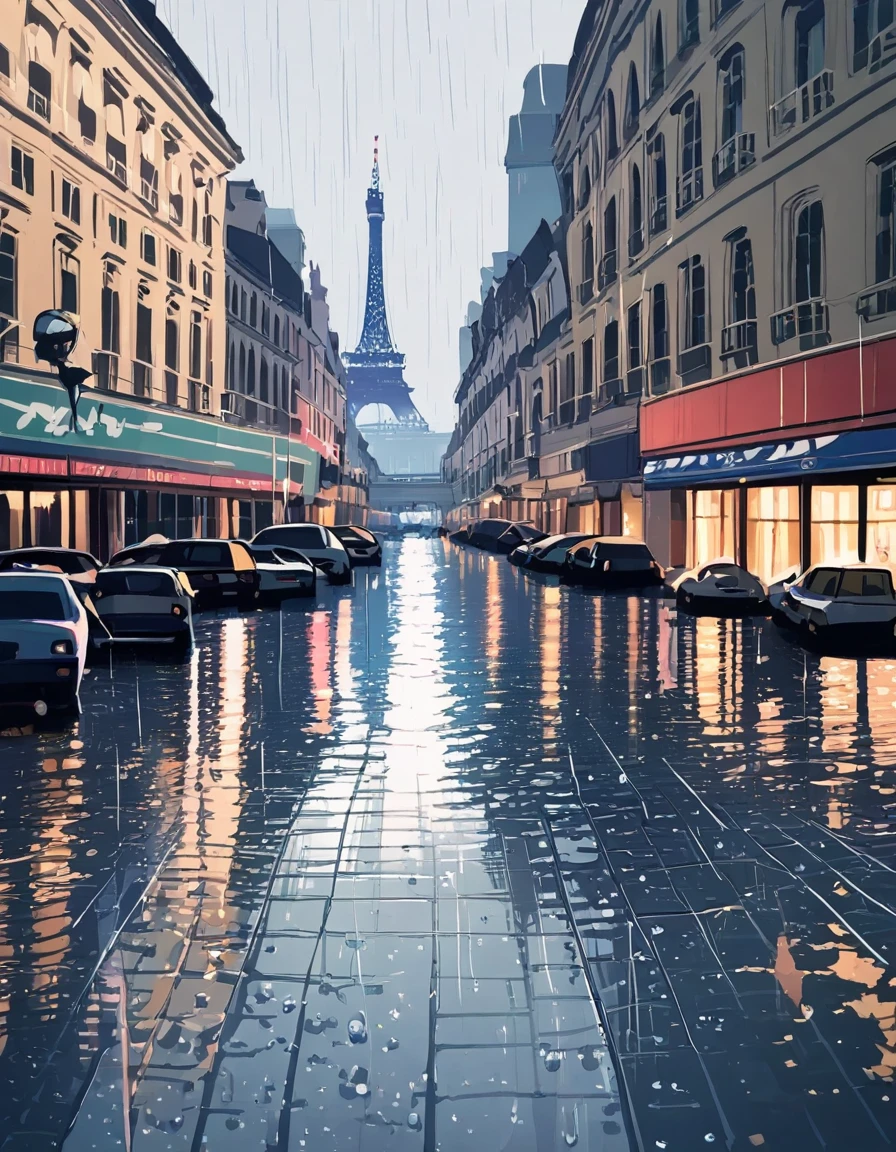 Paris city, rainy day, heavy rain, wet, cars, crowded street, illustration, masterpiece, best quality, HDR.UHD.4K, 8K, 64K.