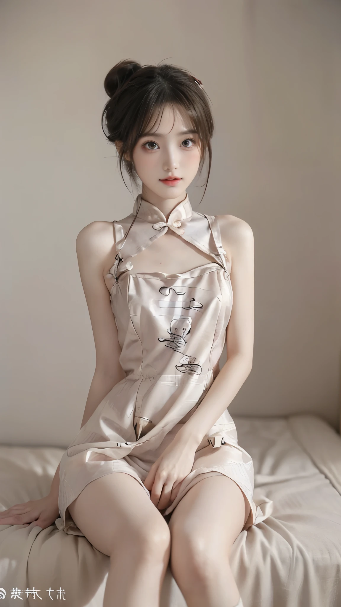 masterpiece, 8k, RAW photos , TOP QUALITY, (( slender girl )), ((Baby Face)), tank top、(Emphasized breasts:1.2、Upward bust)、( small nice ass、 sexy ass 、beautiful hip line)、( detailed legs:1.2, thin thighs:1.3, beautiful feet:1.2)、(High Knee Socks), ( detailed hands:1.3, perfect right hand:1.3, fine fingertips down to the smallest detail:1.2)、( Detailed Eyes and Faces :1.2, Professional Shooting Techniques ), ( beautifully shaped crotch:1.2), (cute character pattern underwear:1.5), (cute bun hairstyle:1.4, Chinese style hairstyle :1.5), (tight waist:1.3), (looking at the camera:1.2, Playful expression:1.5), (detailed feet:1.3, Perfectly correct foot:1.3), ((very flashy zombie dress))