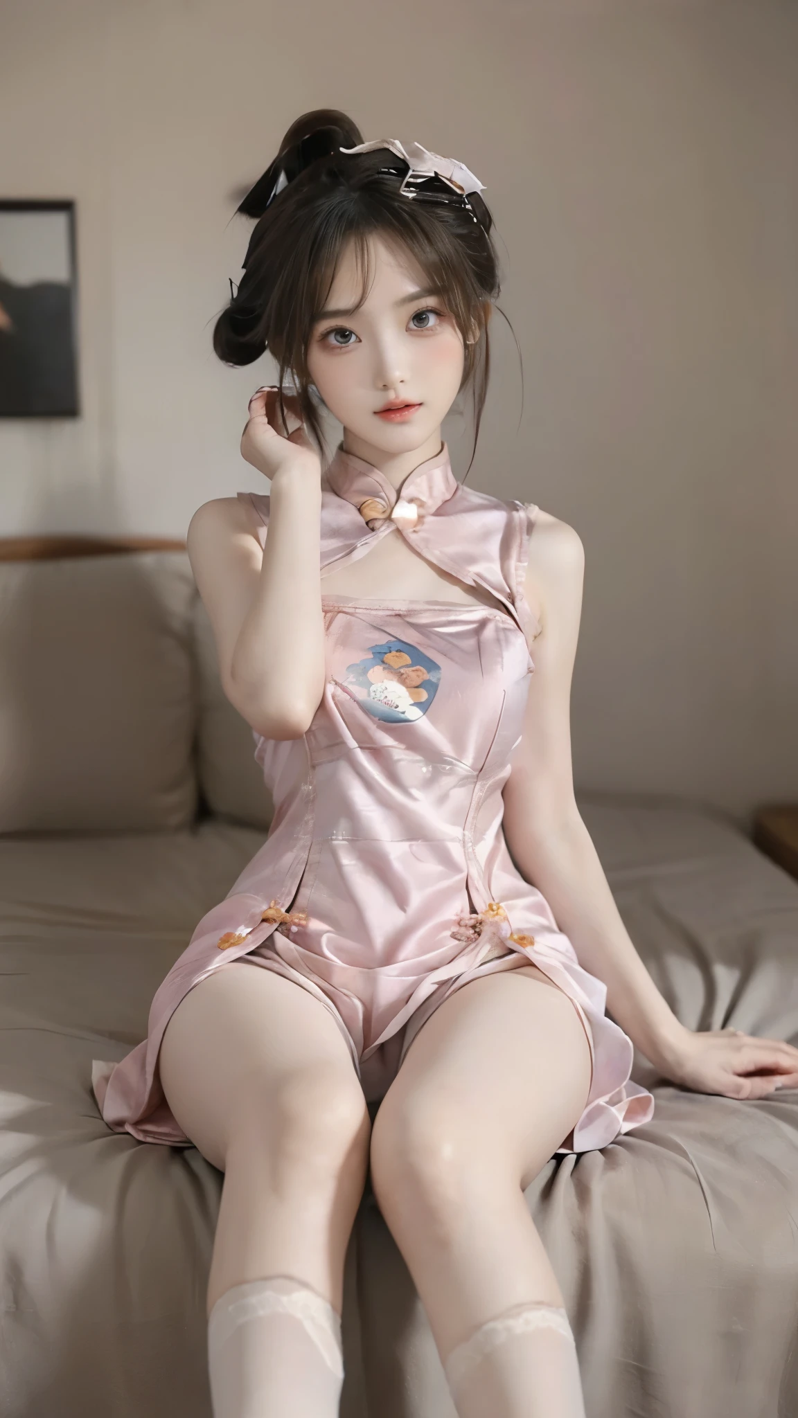 masterpiece, 8k,  RAW photos , TOP QUALITY, (( slender girl )), ((Baby Face)), tank top、(Emphasized breasts:1.2、Upward bust)、( small nice ass、 sexy ass 、beautiful hip line)、( detailed legs:1.2, thin thighs:1.3,  beautiful feet:1.2)、(High Knee Socks), ( detailed hands:1.3, perfect right hand:1.3,  fine fingertips down to the smallest detail:1.2)、( Detailed Eyes and Faces :1.2,  Professional Shooting Techniques ), ( beautifully shaped crotch:1.2), (cute character pattern underwear:1.5), (cute bun hairstyle:1.4, Chinese style hairstyle :1.5), (tight waist:1.3), (looking at the camera:1.2, Playful expression:1.5), (detailed feet:1.3, Perfectly correct foot:1.3), ((very flashy zombie dress))