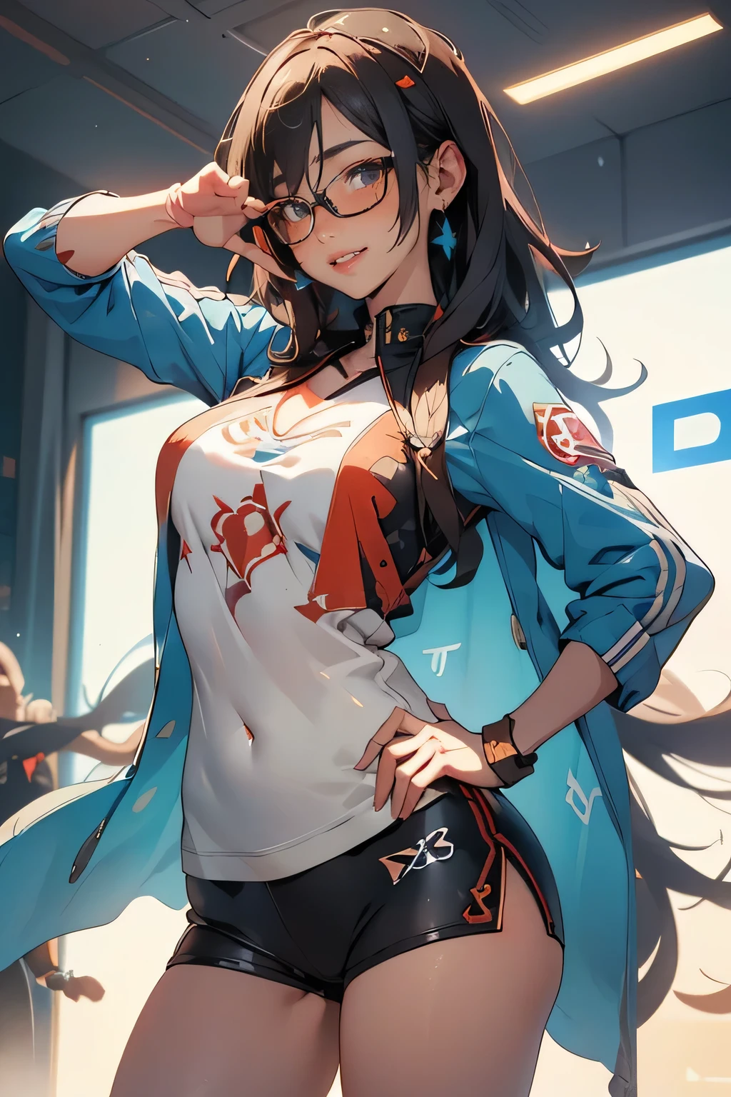 a smiling anime girl wearing glasses, holding a playstation controller, celebrating a game victory, salute pose, 1girl, video game character, gamer, anime art, detailed face, beautiful eyes, beautiful lips, intricate details, 4k, high resolution, masterpiece, photorealistic, vivid colors, dynamic lighting, dramatic angle