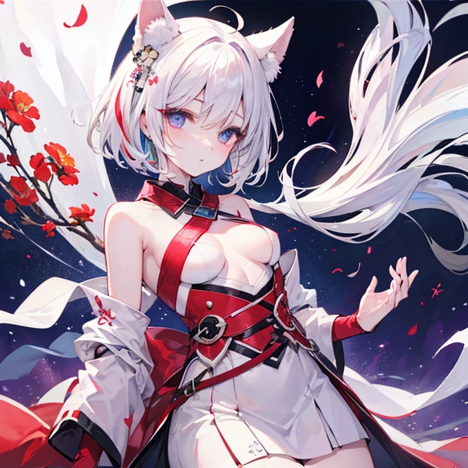 Beautiful illustration、top-quality、cute it girl、(transform sequence)、magical litrl、((Leotard))、Chibi、white magical girl、Fractal Art、albino、baby-faceg snoite and red mesh hair,,,,,,,,,,,,、Beautiful detailed red eyes、lighting like a movie、cowboy shot、looking at the viewers、frombelow、Happiness、background is cherryblossoms