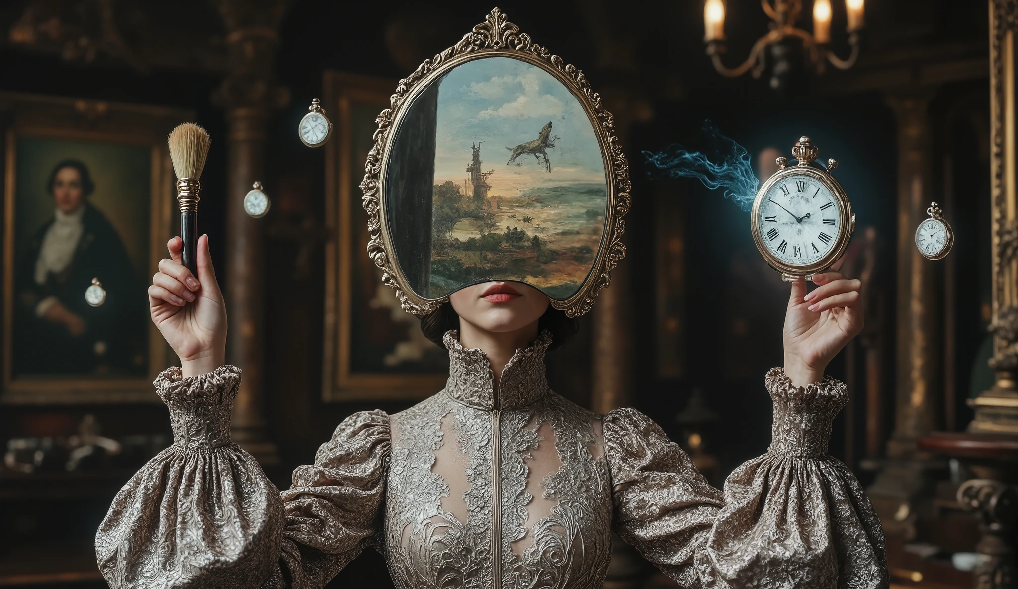 A woman from the Victorian era, with a metallic layer that covers her shoulders and a skirt that unfolds like an iron flower. His face, invisible under a shiny mirror, reflects the distortion of an abstract painting floating in the air. in your hands, holds a futuristic brush that emits a holographic glow. The scene is dreamlike , with elements of old machinery fused with modern technological details, like pocket watches floating in the air. All in 8K, with cinematic lighting and hyperrealistic details.
