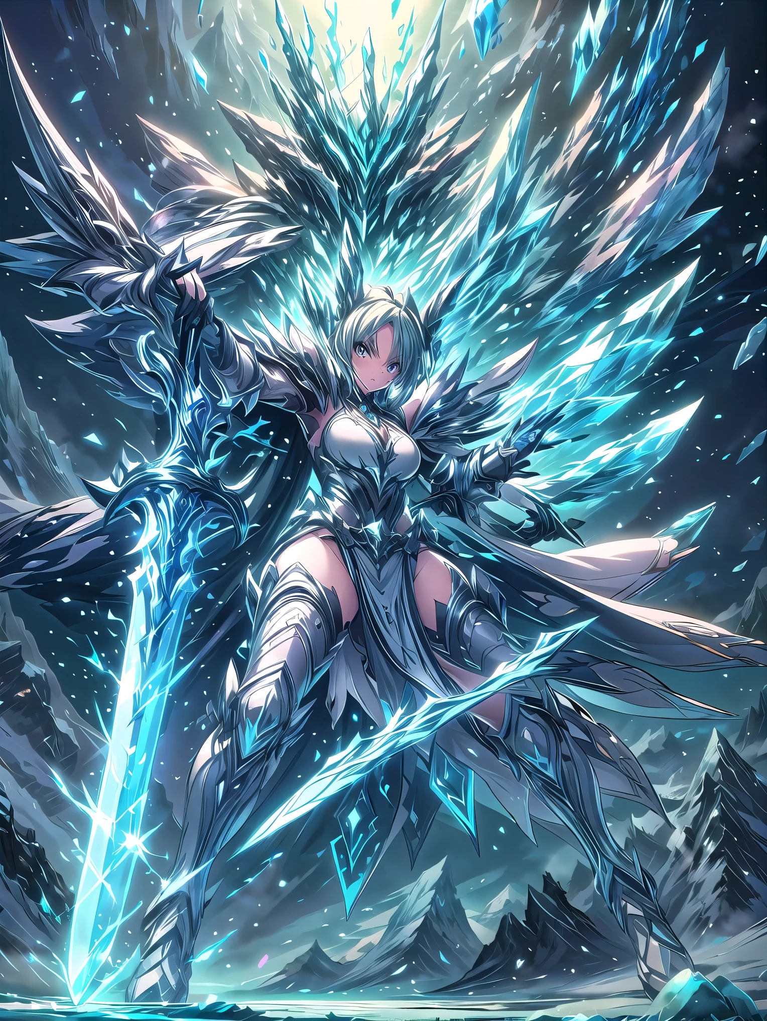 (((masterpiece, best quality, high detailed, 16k))), A girl holding a sword in her hand, female goddess, Ornate Sword, ice frozen sword, Planted Sword, (close-up of sword), light blue eyes, light blue hair, big breasts, white bikini dress, light blue cloak, powerful and fantastic full armor, cropped shoulders armor, plate armor, skinny waist, cleavage, thighs, thigh highs, glaring, weapon, (sword:1.3), fighting stance, dynamic angle, attack battle form, gripping, magnificent, epic, majestic, magical, fantasy art, cover art, ice and snow background surrounded by ice mountains. (detailed face), (detailed eyes), ((full body front view)), (extremely detailed:1.5)
