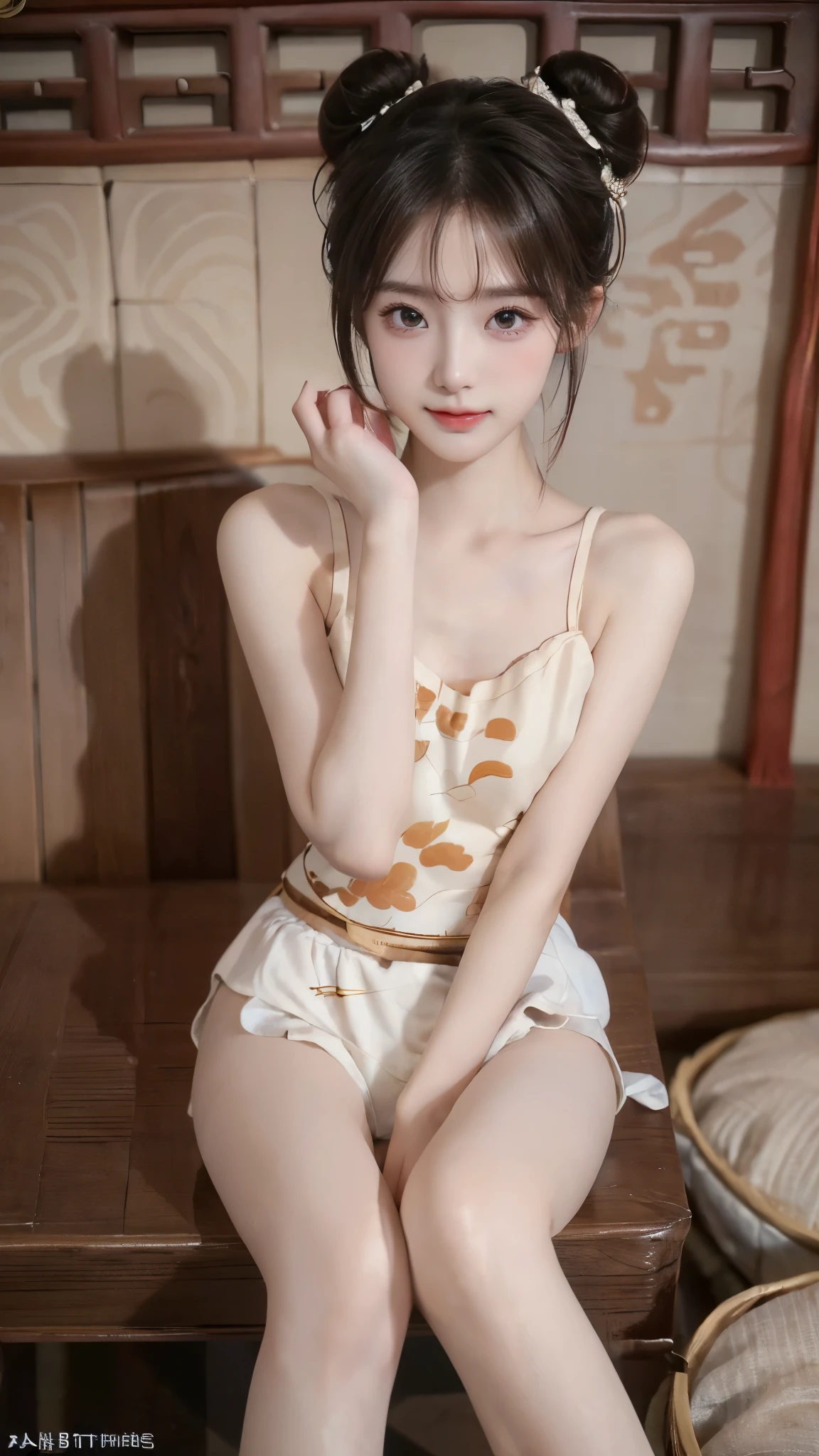 masterpiece, 8k, RAW photos , TOP QUALITY, (( slender girl )), ((Baby Face)), tank top、(Emphasized breasts:1.2、Upward bust)、( small nice ass、 sexy ass 、beautiful hip line)、( detailed legs:1.2, thin thighs:1.3, beautiful feet:1.2)、(High Knee Socks), ( detailed hands:1.3, perfect right hand:1.3, fine fingertips down to the smallest detail:1.2)、( Detailed Eyes and Faces :1.2, Professional Shooting Techniques ), ( beautifully shaped crotch:1.2), (cute character pattern underwear:1.5), (cute bun hairstyle:1.4, Chinese style hairstyle :1.5), (tight waist:1.3), (looking at the camera:1.2, Playful expression:1.5)