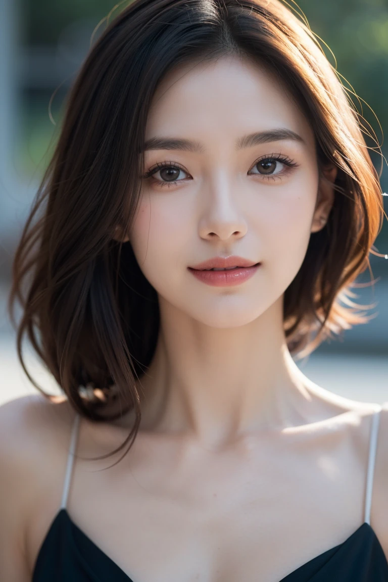 (Photorealistic, 32k, RAW photo, best quality:1.4), (masterpiece:1.3), (ultra high resolution, ultra realistic, highly detailed, golden ratio, ultra detailed), natural makeup, intricate cloth texture, finely detailed hair texture, beautiful full-body, perfect female form, anatomically accurate, highly detailed face and skin, (elegant hands), (realistic skin), (beautiful pale skin:1.1), (Oversized Breasts, generous cleavage:1.3), (extreme close-up:1.8), (Random color bra and panties:1.3), 
BREAK,
realistic eyes, captivating detailed eyes, symmetric eyes, light brown eyes, double eyelids, thin eyebrows, (glossy lips:1.4), (kissable expression, Shy Smile, blush:1.3), 
BREAK,
((short bob cut, dark brown hair, bangs:1.2)), (Late Night, bedroom, :1.3), (Sitting on the bed:1.3)