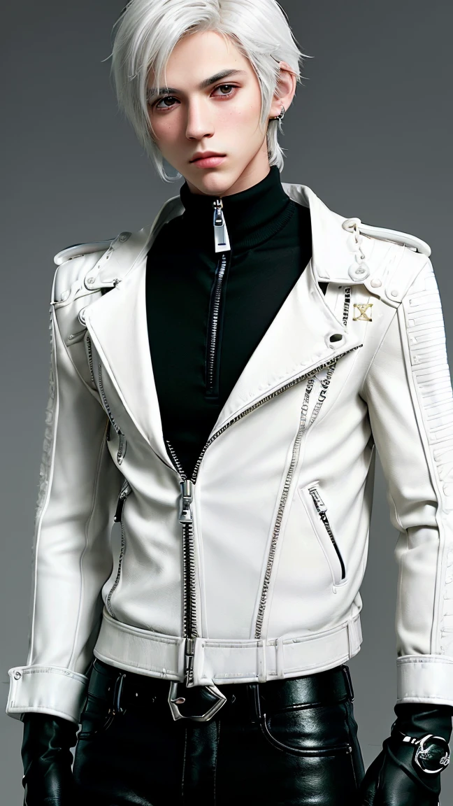 Final fantasy taste and reality graphics, Japanese young cute and cool ikemen  boy, his age is early 20s, thin eyebrows and beady eyes,  he wearing off white color leather  thick material jacket, jacket is singlebrest, biker style jacket, with epaulet, jacket is long sleeve, must close the front of the leather jacket, , jacket is voluminous, ,must jacket is high length and stand-up collar with two belts, jacket is a little black color line pattern,close the front of the jacket, also wearing black thick material turtleneck lackluster shirts,  tight black leather pants, shiny black leather tight and thin glove, black leather knee-high raceup boots,must views  head-to-toe,must views whole body, boy looks like fashion model,Do not show skin from the neck down,leather jacket leather glove and leather pants have few wrinkles,boy in the room,Avoid showing your innerwear
